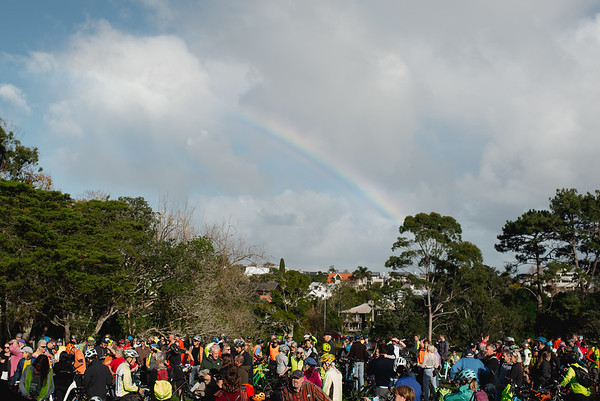 Bike rally at Pt Erin on May 30, before most of the crowd rode the bridge. Photo / Dean Purcell