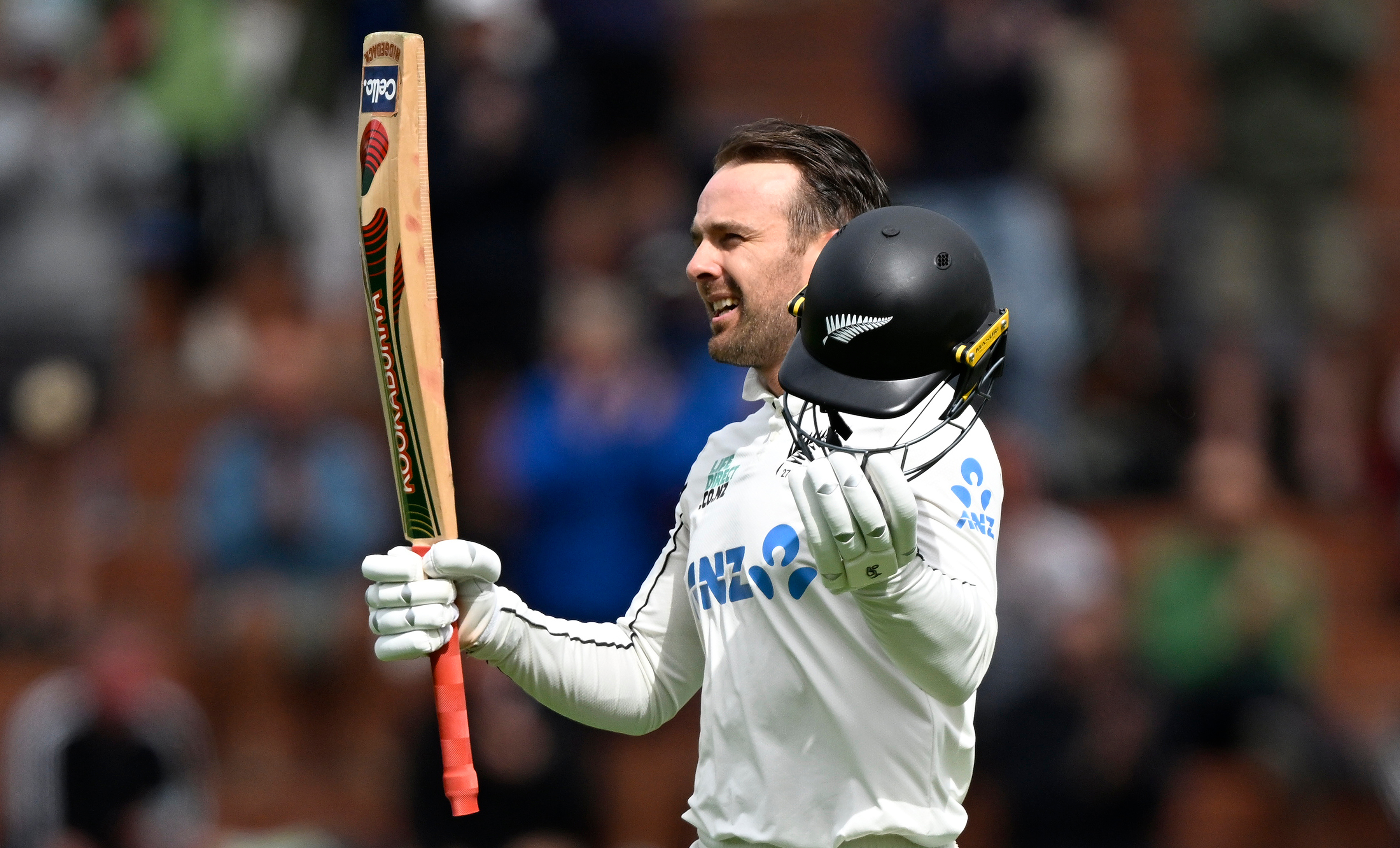 Tom Blundell celebrates his century on the third day of the second test. Photo / Photosport