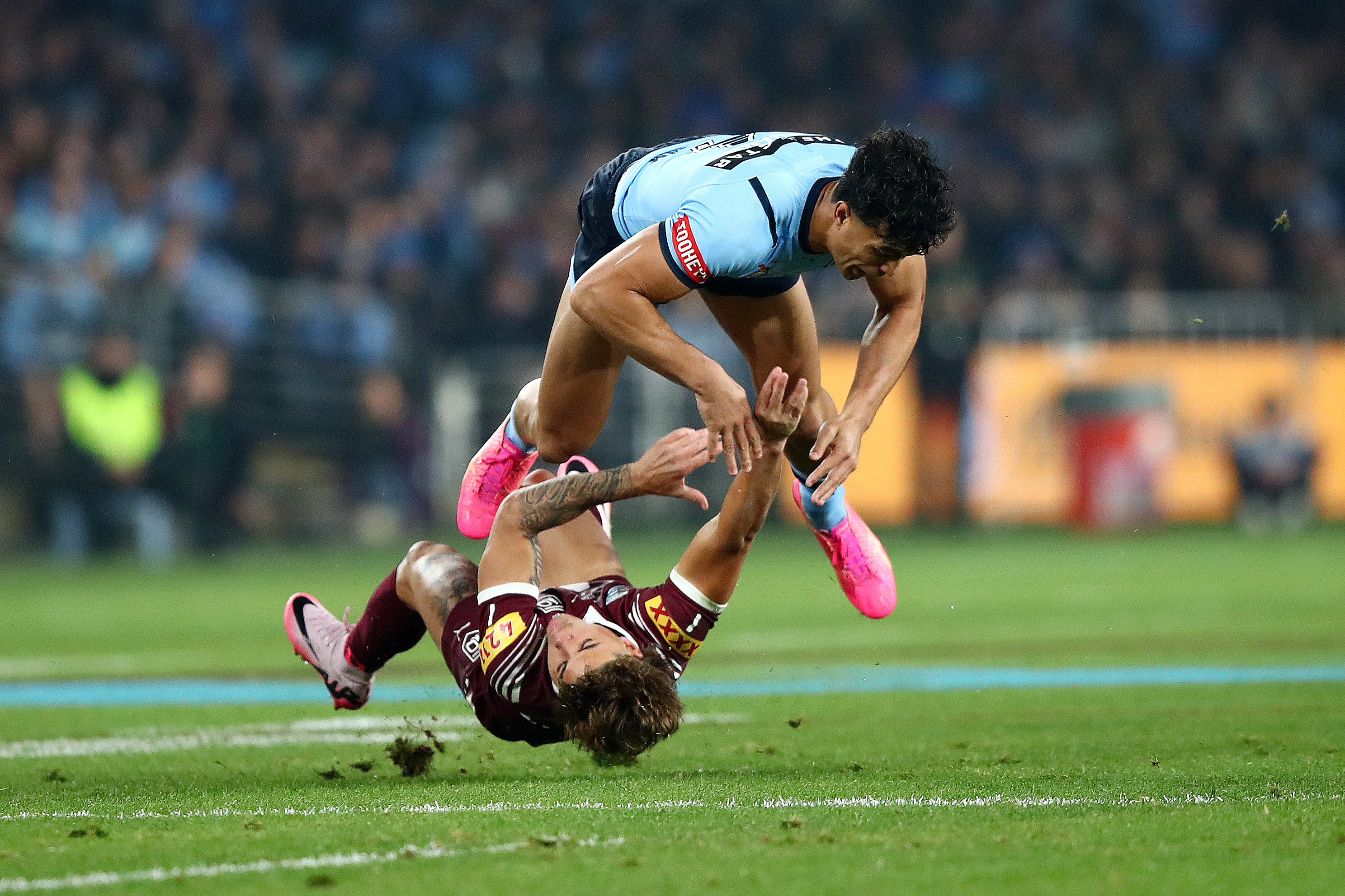 Joseph-Aukuso Sua'ali'i hits Reece Walsh in a tackle for which he was sent off. Photo / Photosport