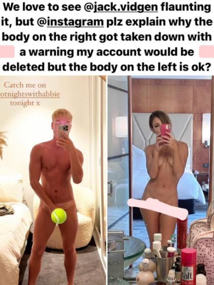 Nadia Bokody's post on the right was almost identical to Jack Vidgen's photo - minus the nipples. Photo / Instagram