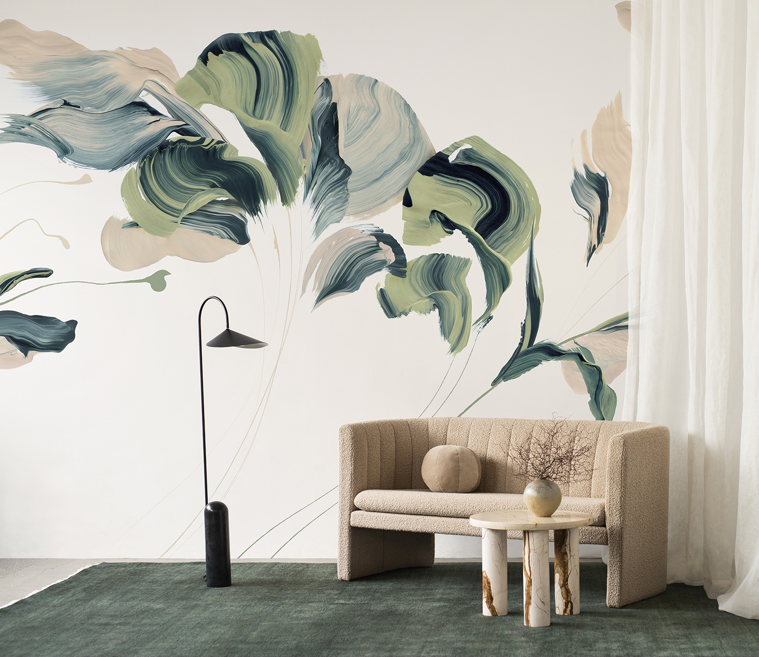 Emma Hayes' 'Daybreak' wallpaper in Verde pictured in a room concept styled by Juliette Wanty. Photo / Supplied