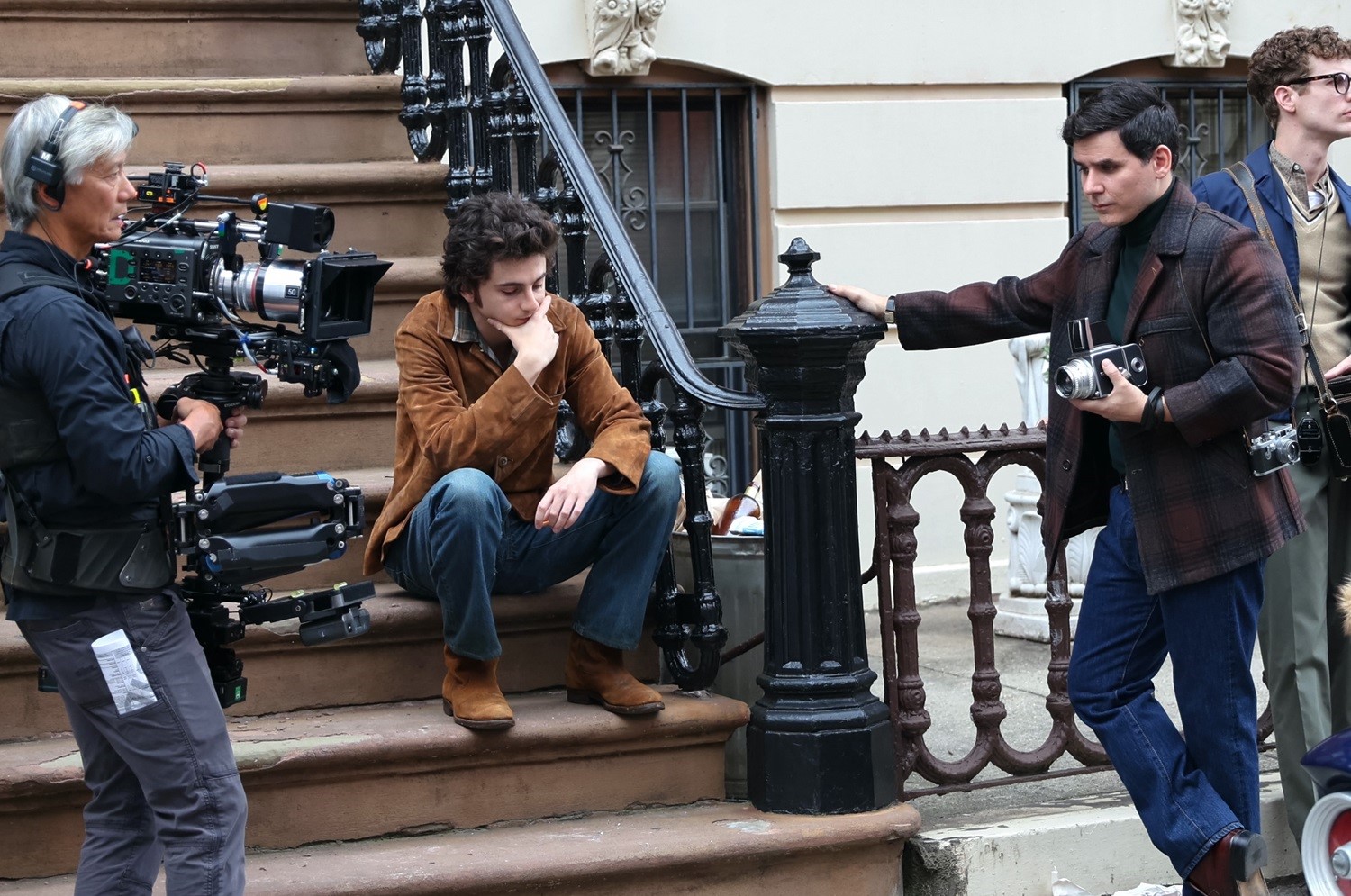 Timothee Chalamet shooting a scene for the Bob Dylan biopic A Complete Unknown in Hoboken, New Jersey. Photo / Getty Images