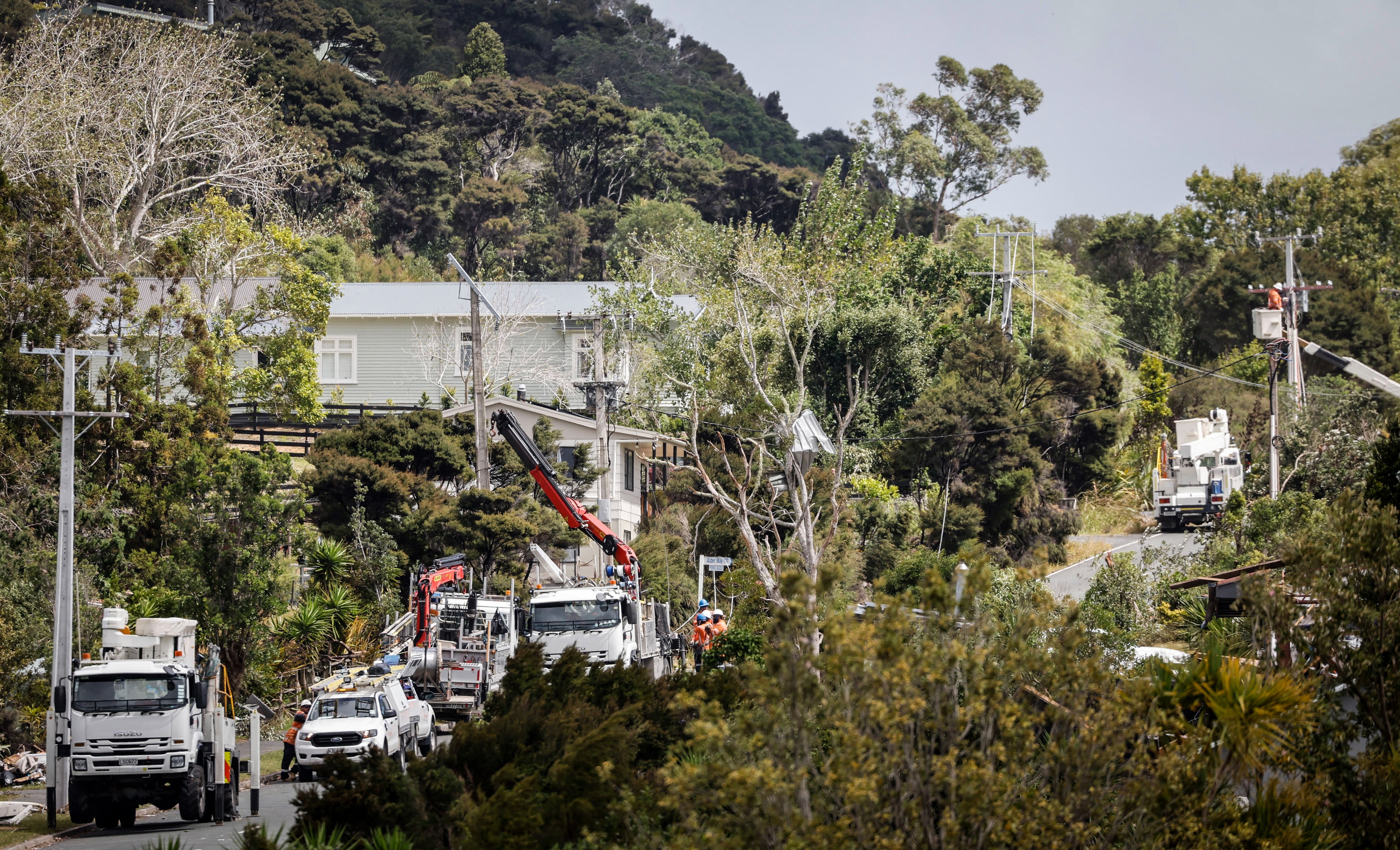Northpower crews work on Monday to restore the power to Old Waipu Road, which was badly damaged by the Mangawhai tornado. Photo / Michael Craig