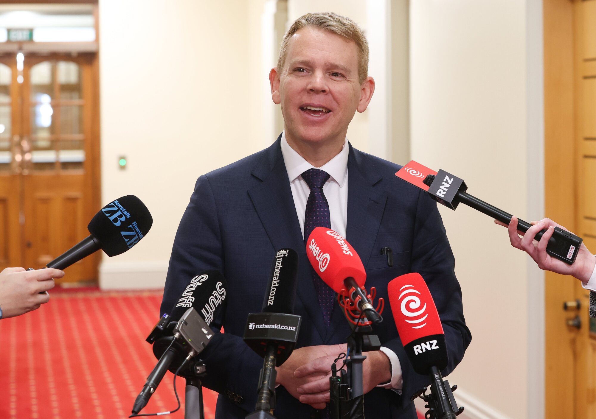 Labour leader Chris Hipkins on his way into his weekly caucus meeting. Photo / Mark Mitchell





 














