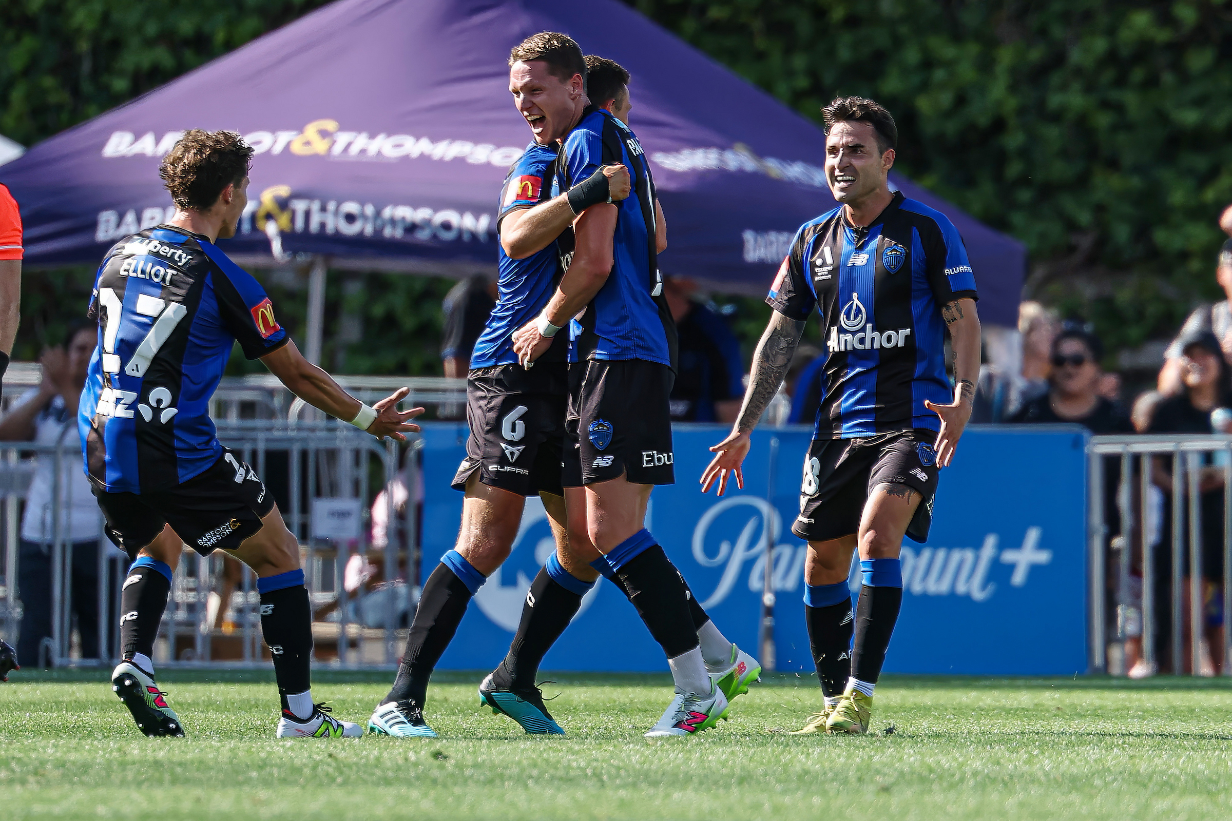 Auckland FC's Nando Pijnaker celebrates his goal against Melbourne City at Go Media Stadium. Photo / Photosport