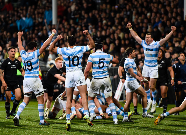 Argentina celebrate their first ever win over the All Blacks on New Zealand grass. Photo / Photosport
