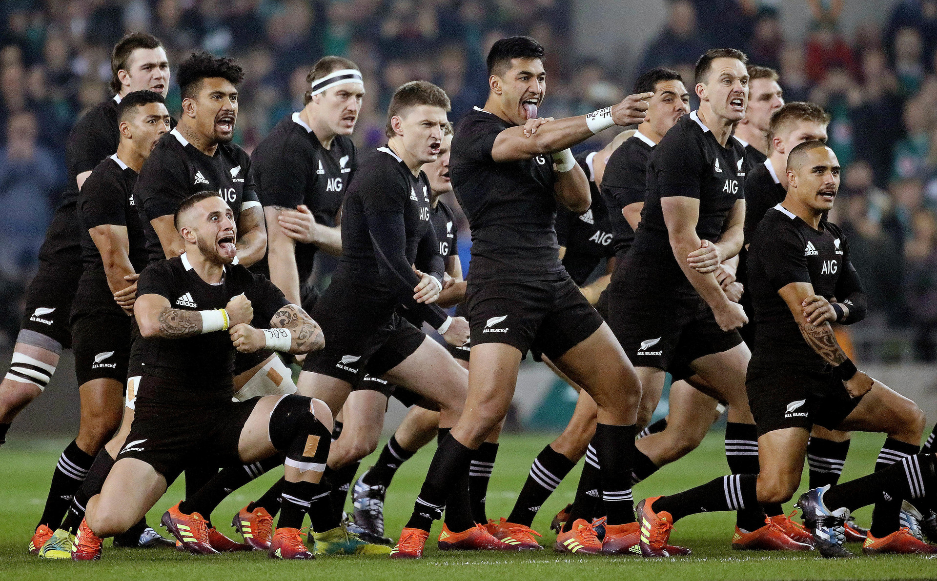 The New Zealand team perform the haka before the rugby union international between Ireland and New Zealand in Dublin, Ireland, Saturday, Nov. 17, 2018. (AP Photo/Peter Morrison)