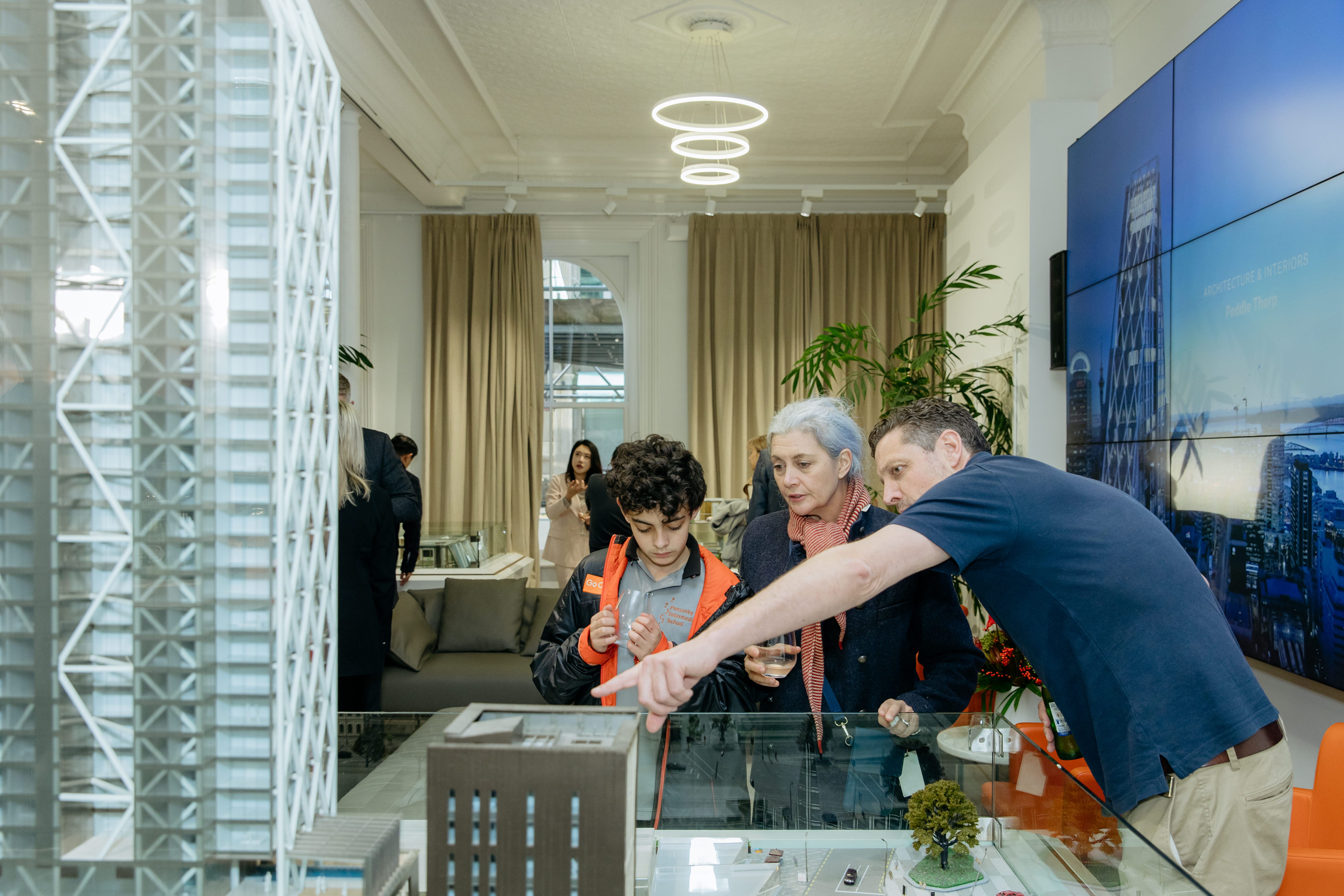 At the September 3 event to market Auckland tower Seascape (left to right): Oscar McGeorge with Krishna Botica and Tony McGeorge. Photo / Mala Photography