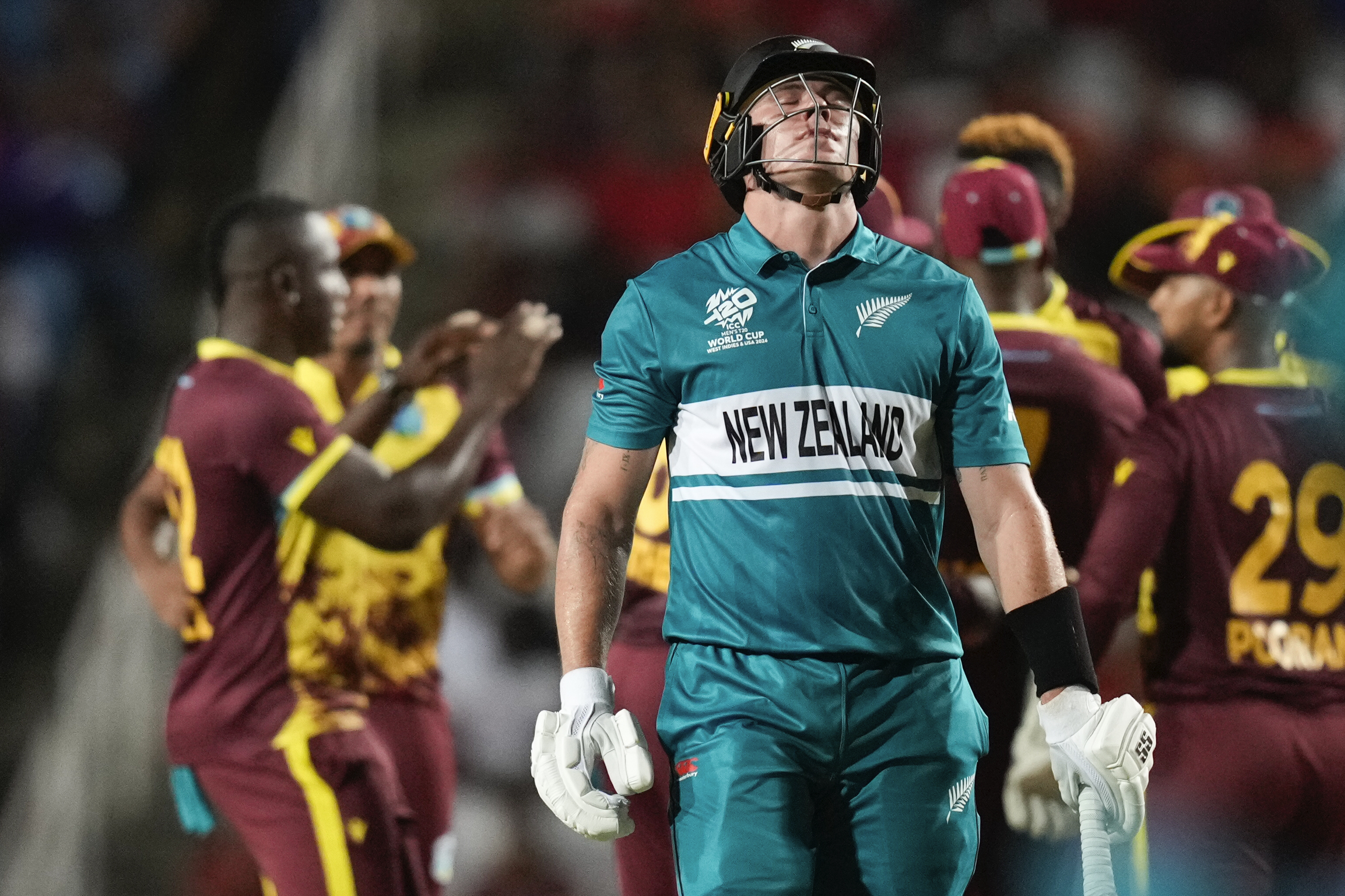Finn Allen reacts to his dismissal against the West Indies. Photo / AP