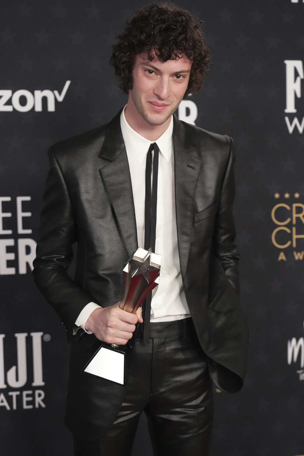 Dominic Sessa with the award for best young actor for ‘The Holdovers’ during the 29th Critics Choice Awards in California. Photo / AP