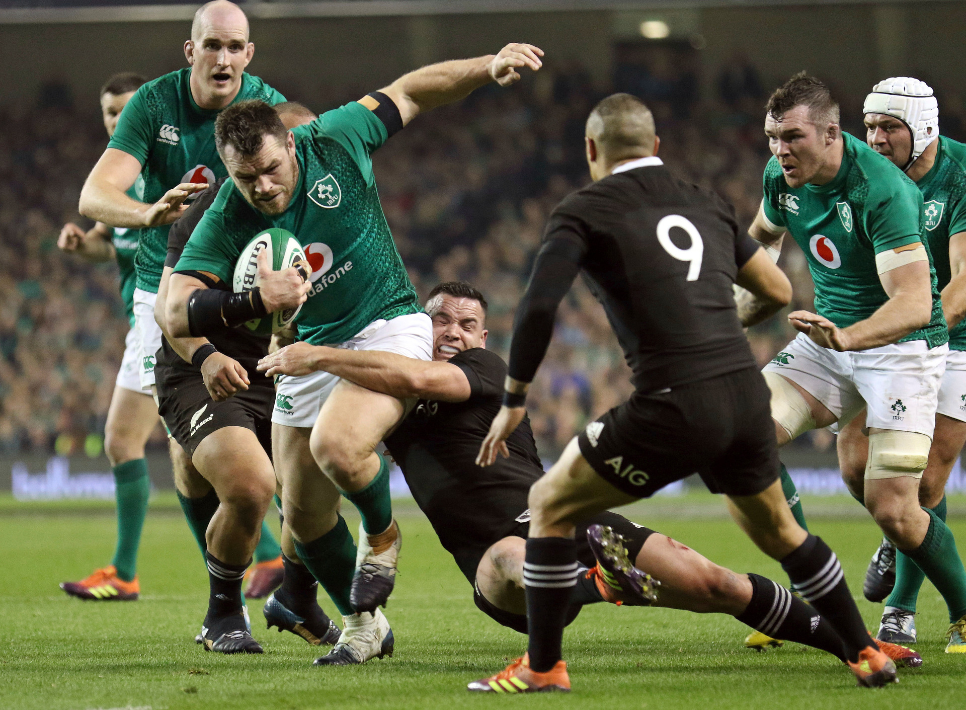 Ireland's Cian Healy runs with the ball during the rugby union international between Ireland and the New Zealand All Blacks in Dublin, Ireland. Photo / AP