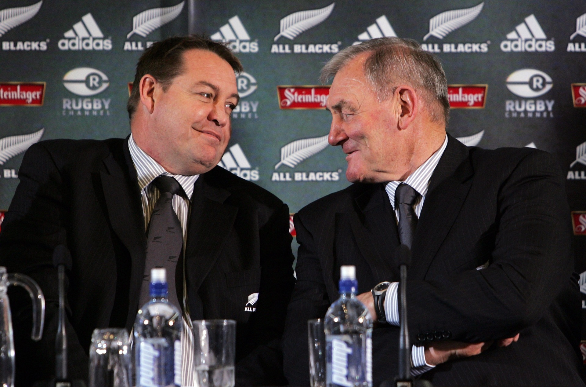 Sir Brian Lochore and assistant coach Steve Hansen before the All Blacks Announcement of their 2007 Rugby World Cup squad. Photo / Getty
