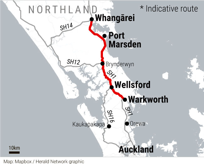 Indicative route of new Northland expressway Roads of National Significance. Graphic / NZME