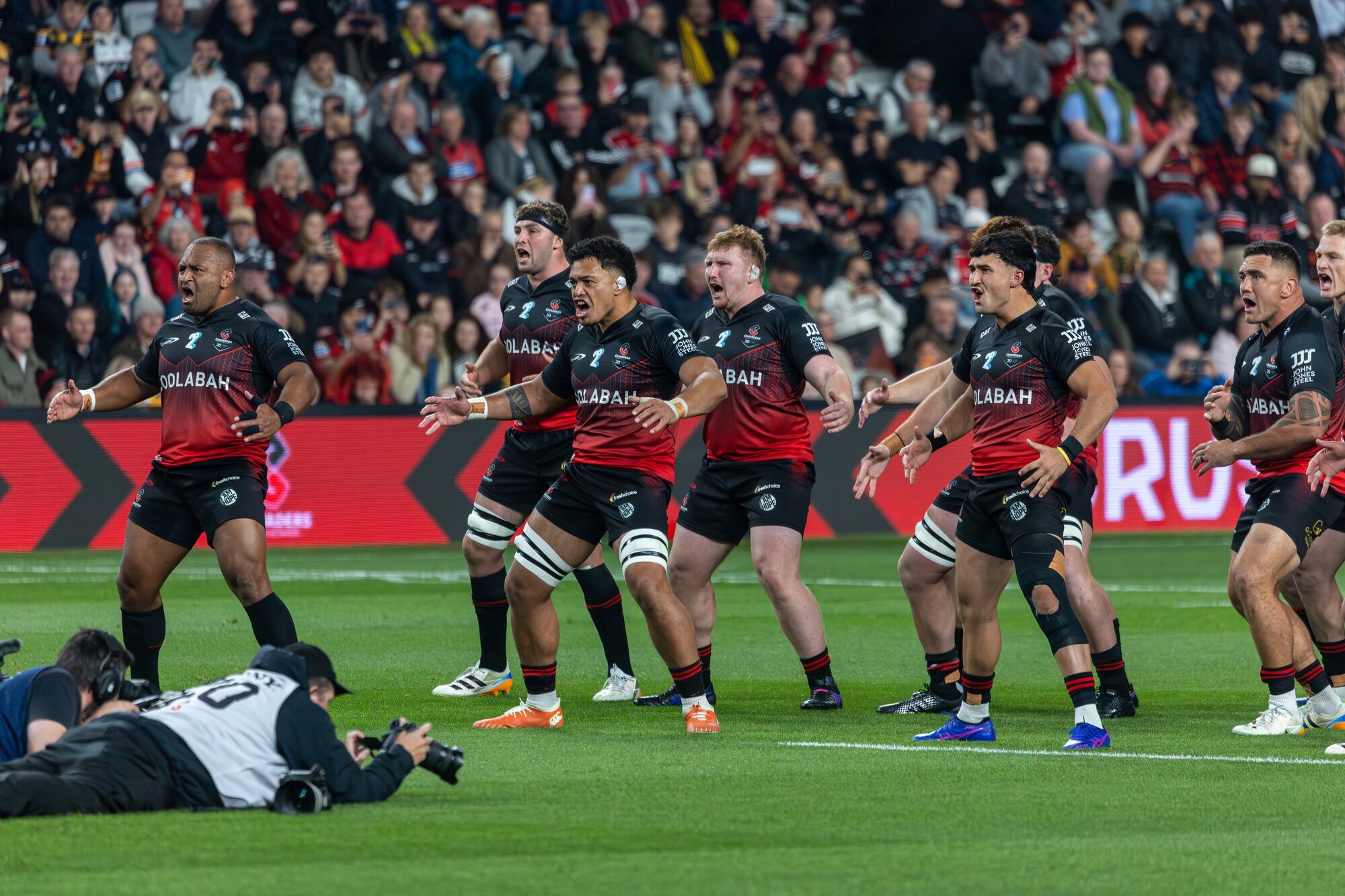 The Crusaders perform a haka ahead of their match against the Waratahs, in Christchurch. Photo / Alyse Wright 