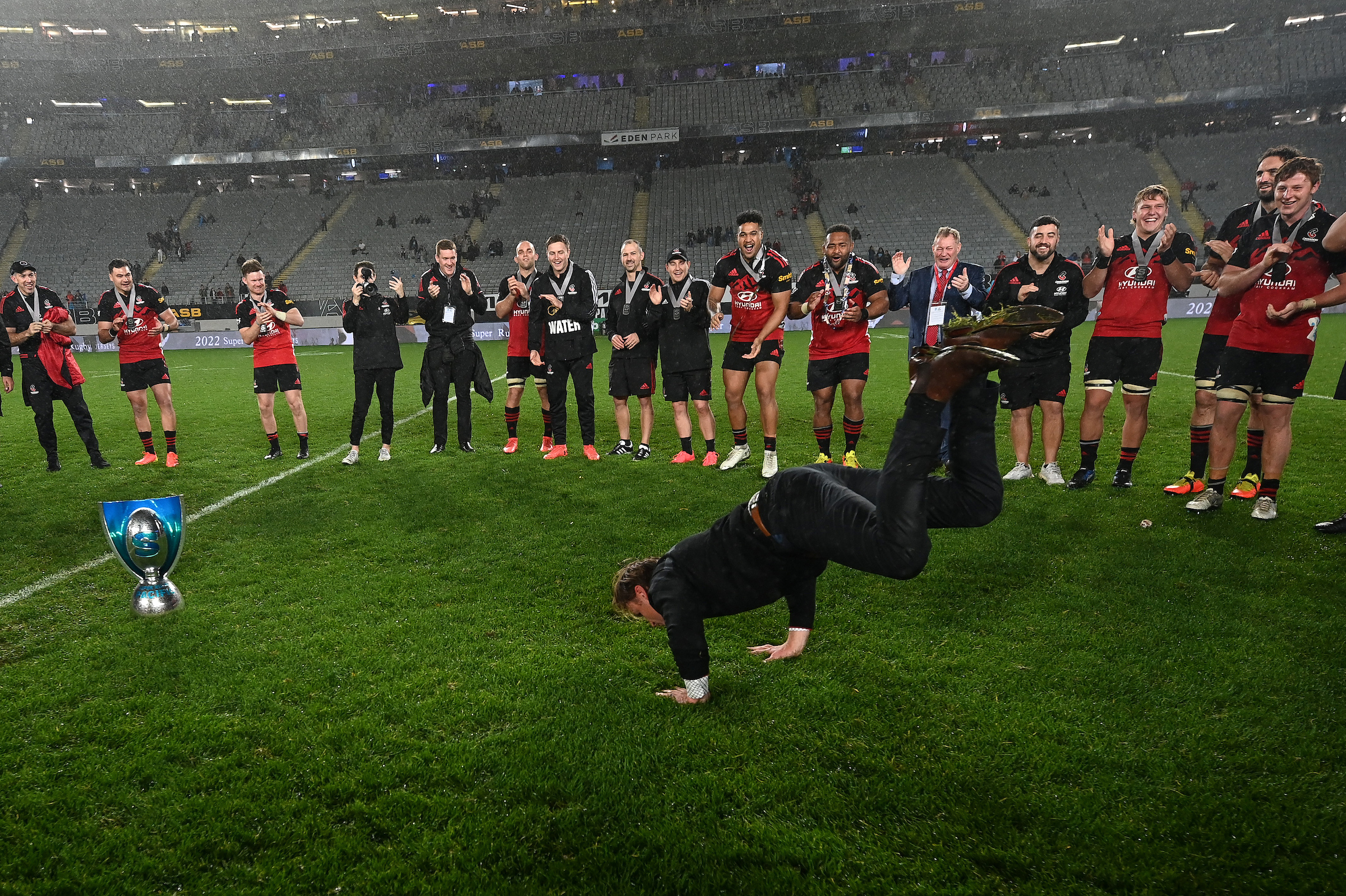 Then-Crusaders coach Scott Robertson performs a break dance to celebrate winning the final in 2022. Photo / Photosport