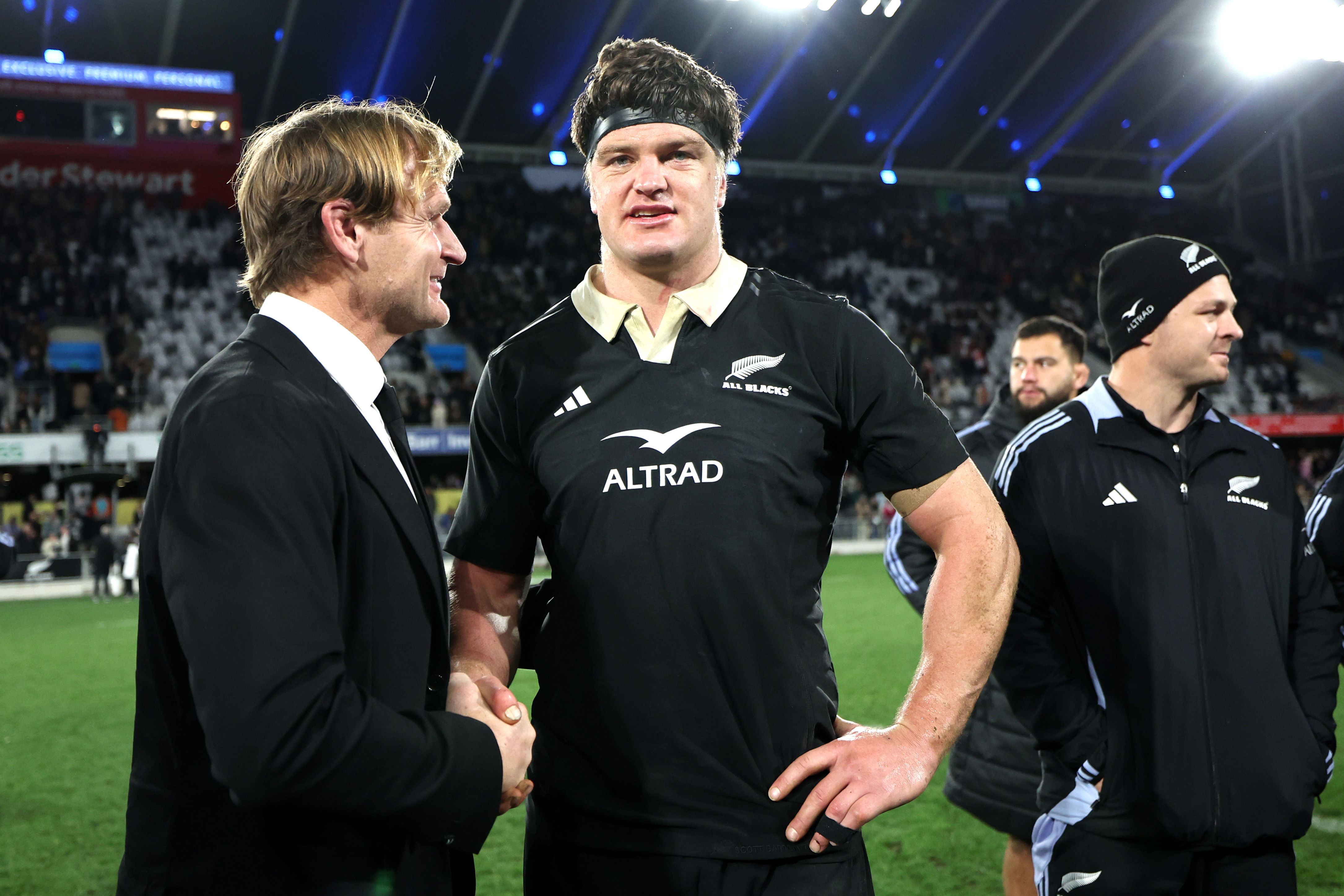 Scott Robertson and Scott Barrett after victory in Dunedin. Photo / Getty Images