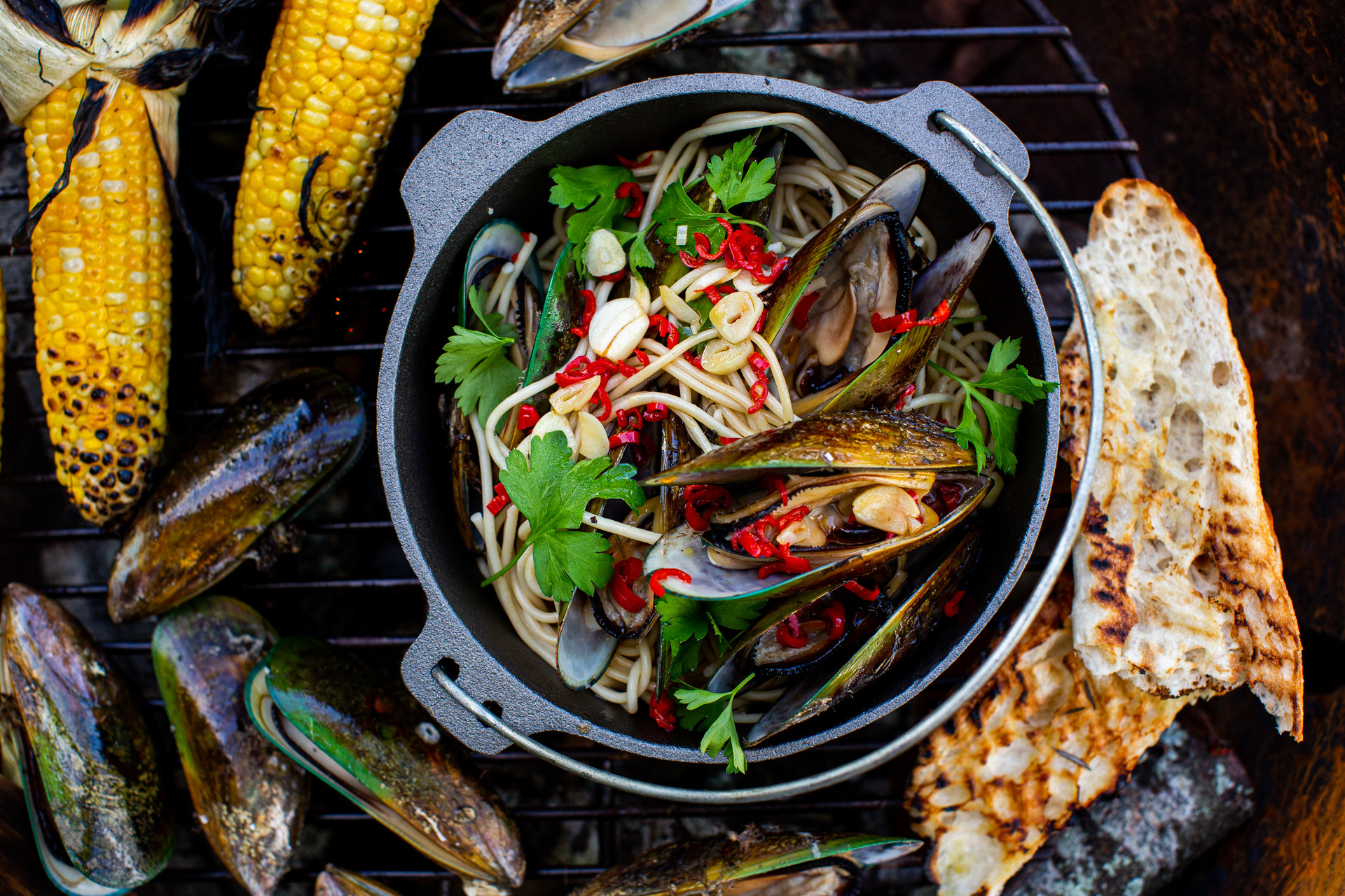 Barbecue mussels with chilli. Photo / Babiche Martens