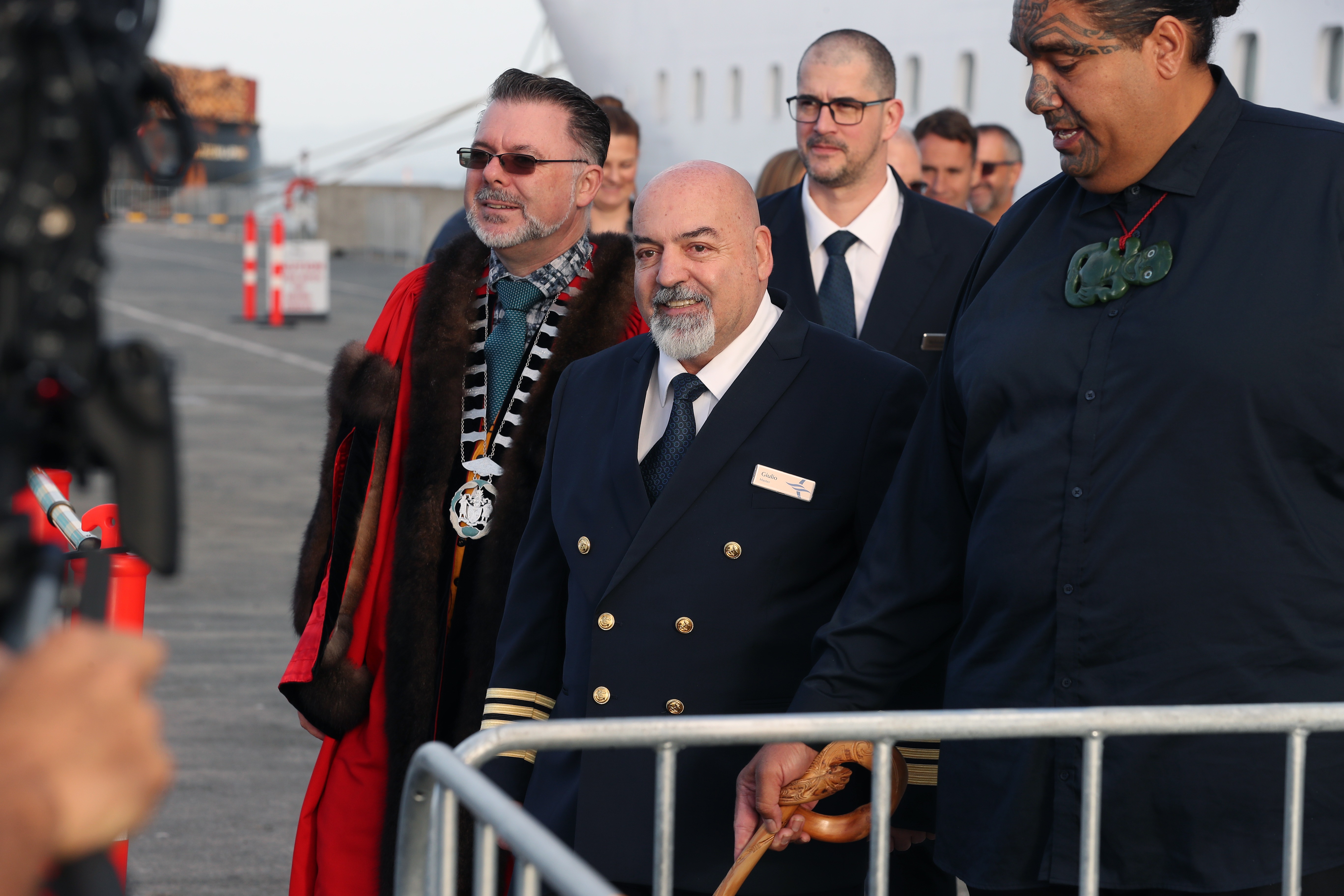 Whangārei mayor Vince Cocurullo (left), Regatta captain Giulio Ressa  and Kaimanaaki Aperahama Edwards disembark the Regatta. Photo / Michael Cunningham