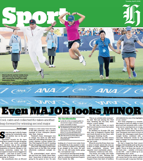 The Herald Sport back page after Dame Lydia Ko won the ANA Inspiration in 2016.