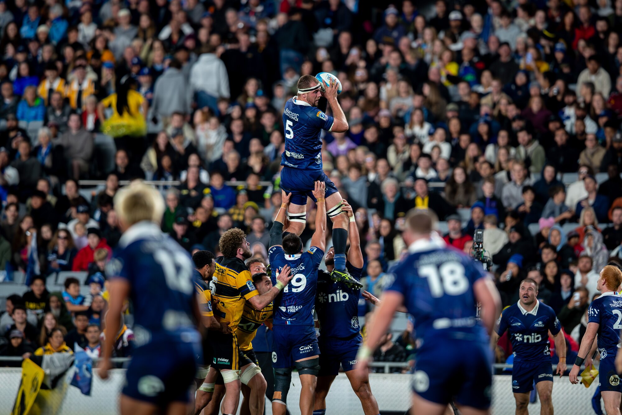 Blues lock Sam Darry gathers a lineout during their loss to the Hurricanes. Photo / Alyse Wright