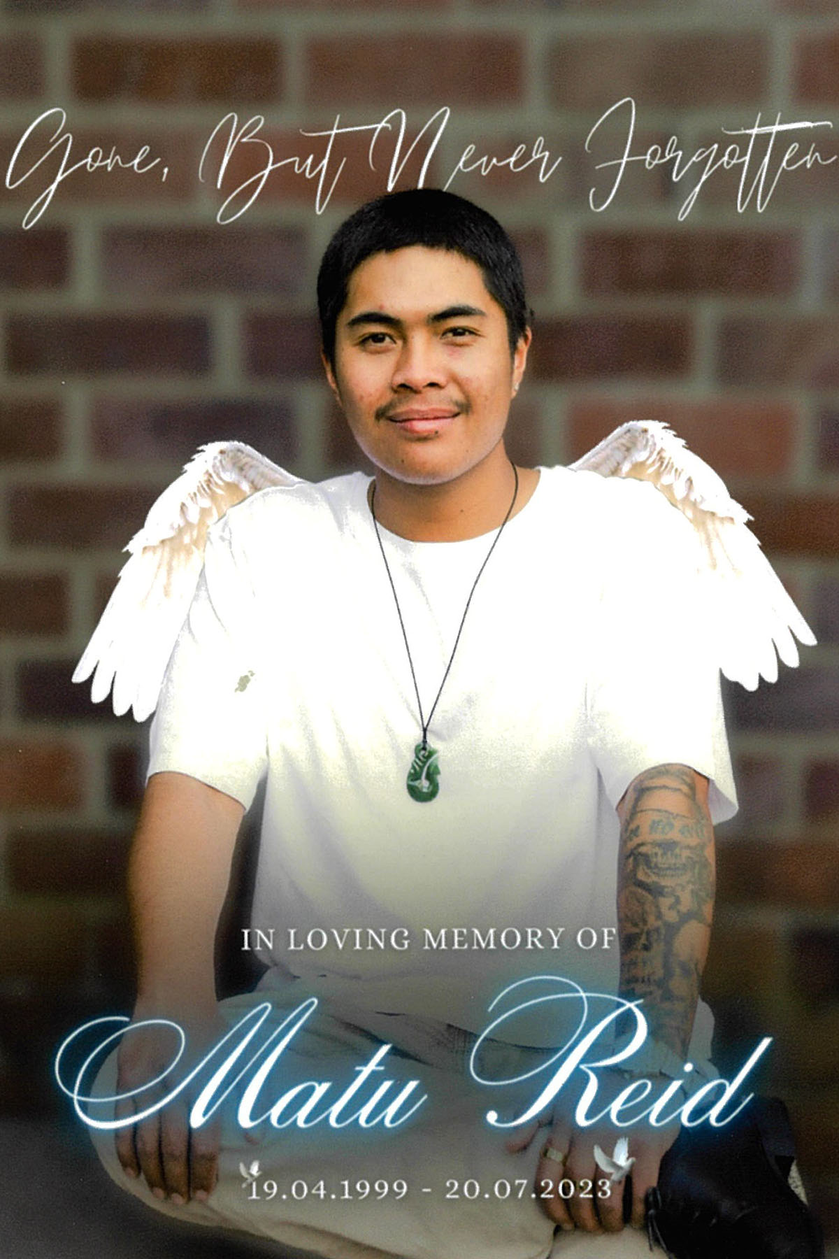 Reid’s ashes are in a white box with a photo of him with angel wings.