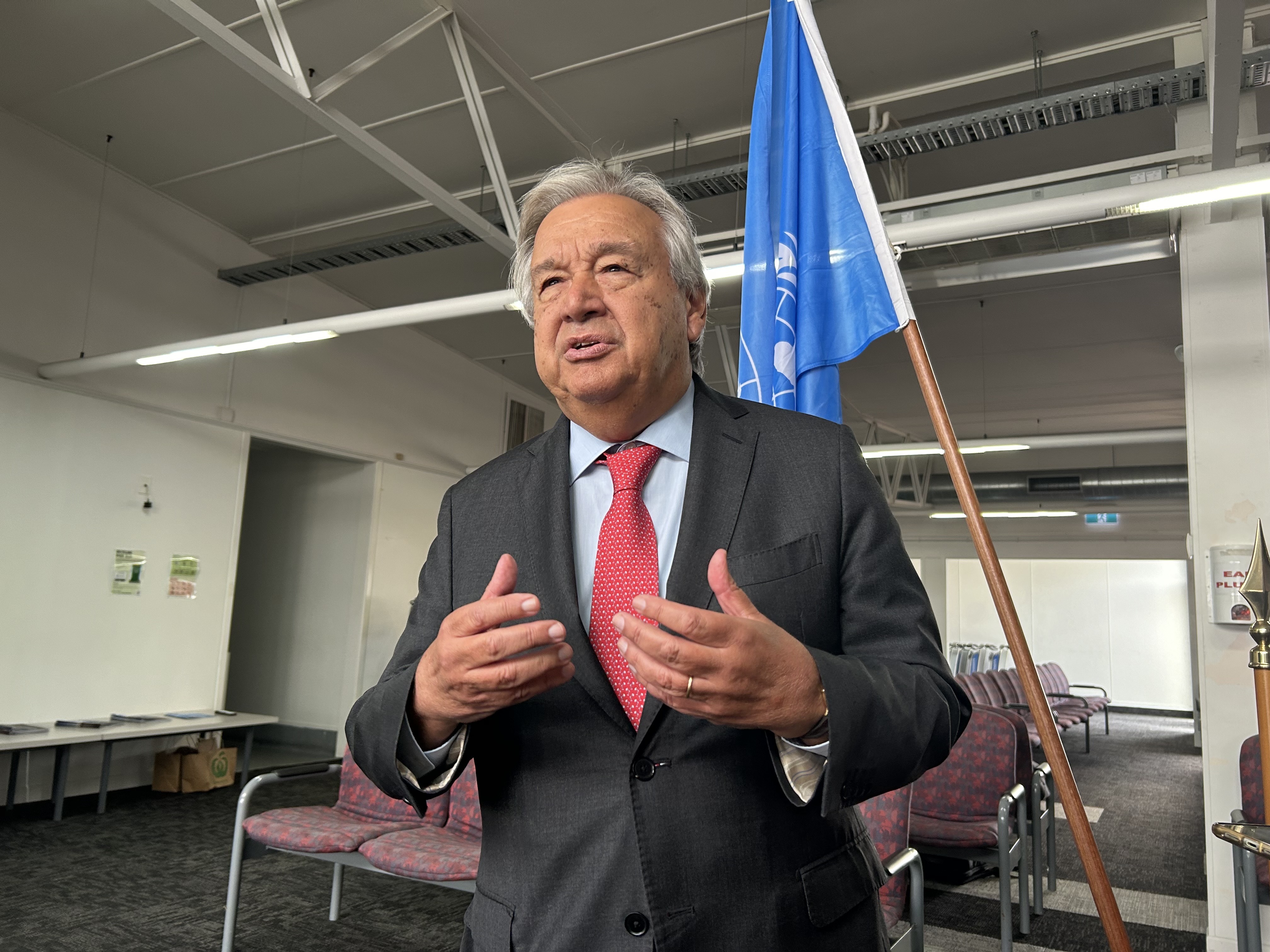 United Nations Secretary-General Antonio Guterres speaks to media at the NZDF Whenuapai airbase ahead of travelling to Tonga for the Pacific Islands Forum. Photo / Adam Pearse
