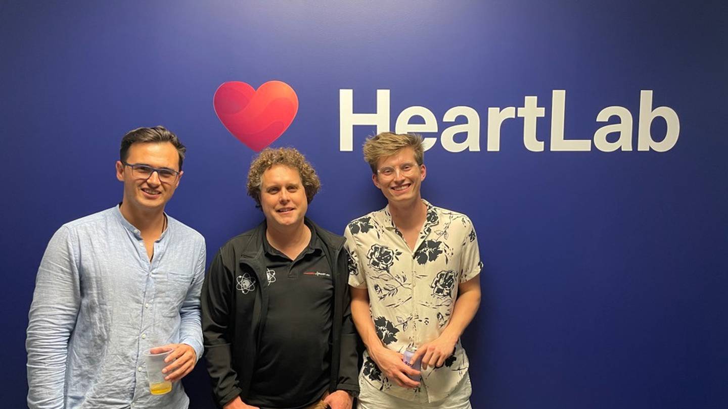 Heartlab's $3.5m raise comes on top of a $1.1m raise announced in October 2020 - which was lead by Icehouse Ventures and supported by Founders Fund and a new Outset Ventures' deep technology fund backed by Peter Beck. Pictured: HeartLab operations manager Conor Sutherland (left) with Beck and Hewitt. Photo / SuppliedPictured: HeartLab operations manager Conor Sutherland (left) with Beck and Hewitt in May 2021. Photo / Supplied
