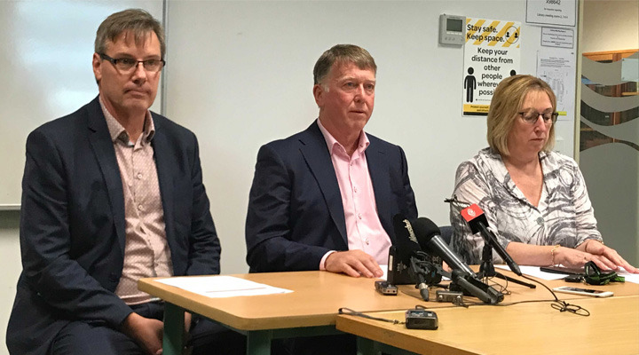 Ministry of Health's boss of data and digital Shayne Hunter (left) joined DHB chief executive Kevin Snee and executive director of hospital and community services Chris Lowry. Photo / Belinda Feek