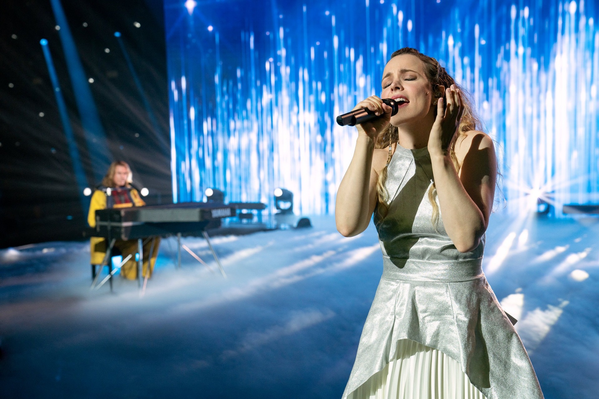 Sigrit (McAdams) insists on singing in Icelandic, which delights her friends watching at home. Photo / Supplied