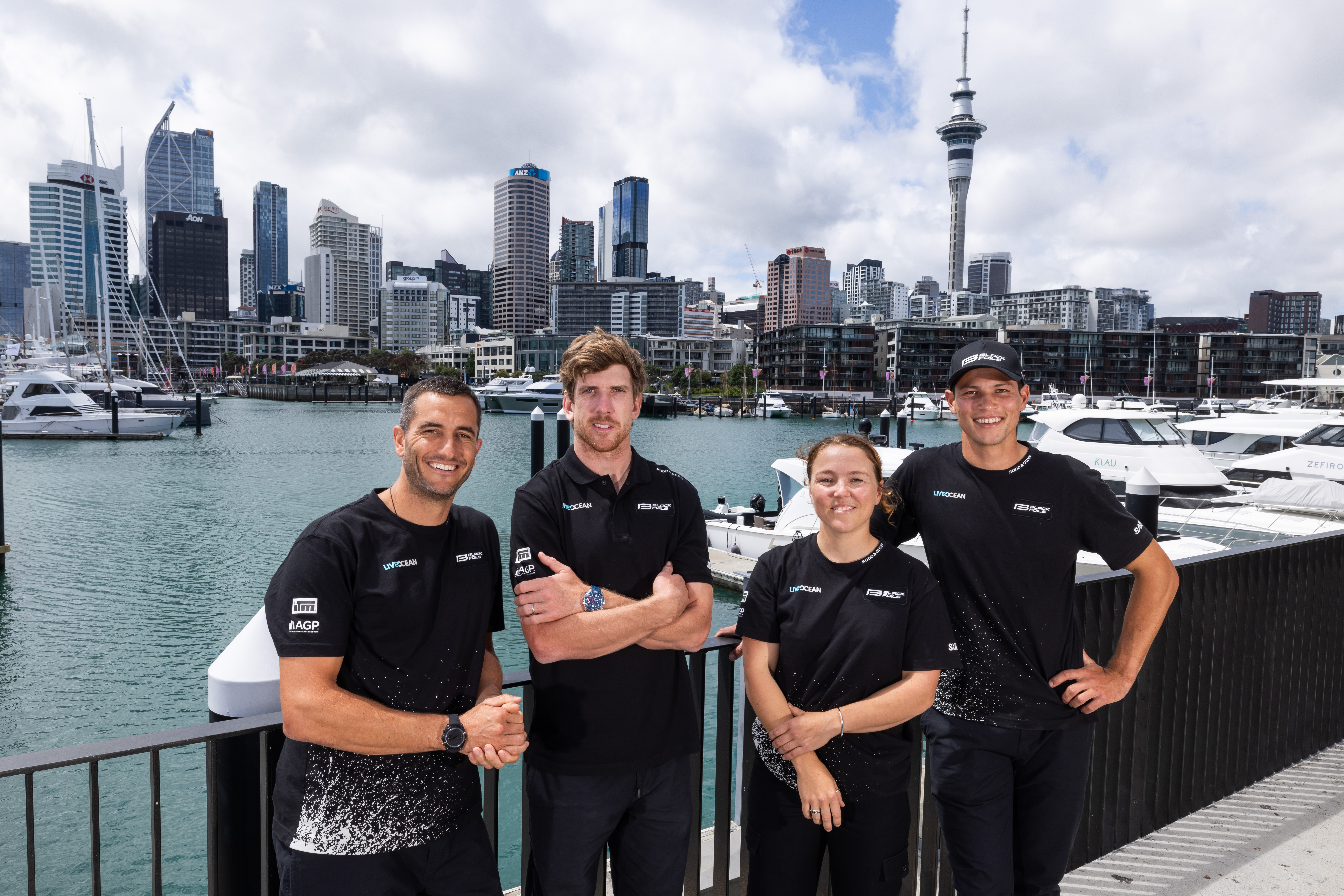 Black Foils sailors Blair Tuke, Peter Burling, Liv MacKay and Leo Takahashi hope to continue their winning ways when SailGP makes its Auckland debut in January. Photo / Brett Phibbs, SailGP