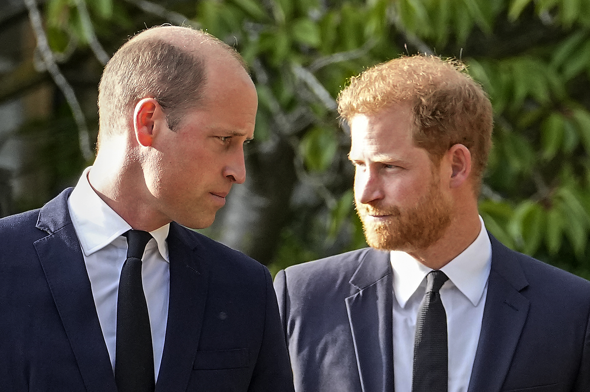 Britain's Prince William and Britain's Prince Harry walk beside each other after viewing the floral tributes for the late Queen Elizabeth II outside Windsor Castle, in Windsor, England, Saturday, Sept. 10, 2022. Photo / AP
