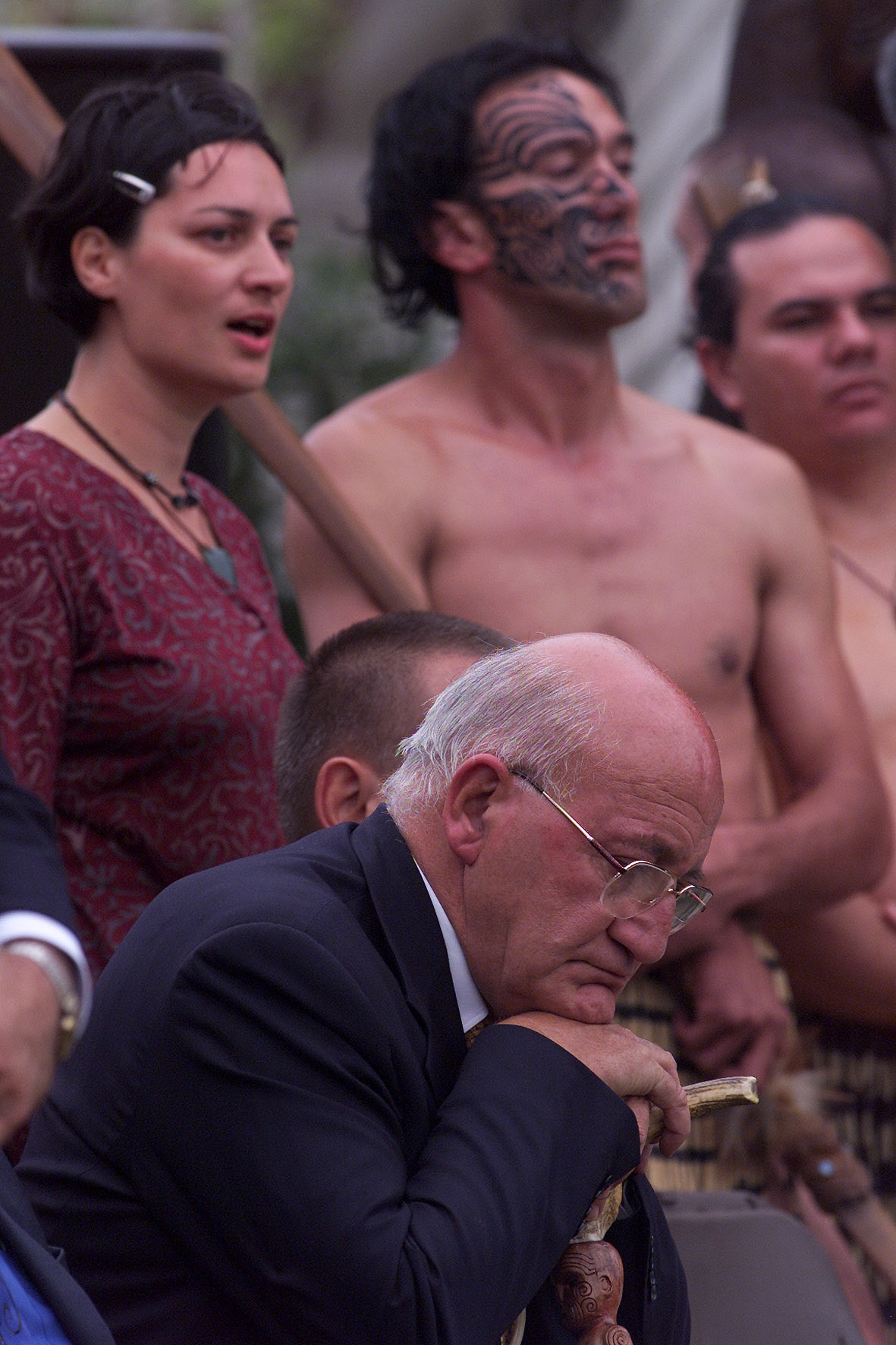 Sir Tipene O'Regan listens to speeches during Te Tiriti o Waitangi commemorations at the Onuku Marae, at Akaroa on the Banks Peninsula. Photo / Mark Mitchell