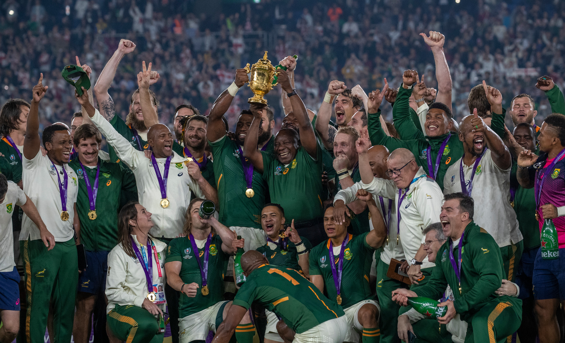 The Springboks celebrating with the Webb Ellis Cup after their victory over England in the Rugby World Cup 2019 final played at International Stadium Yokohama, Japan. Photo /Mark Mitchell.