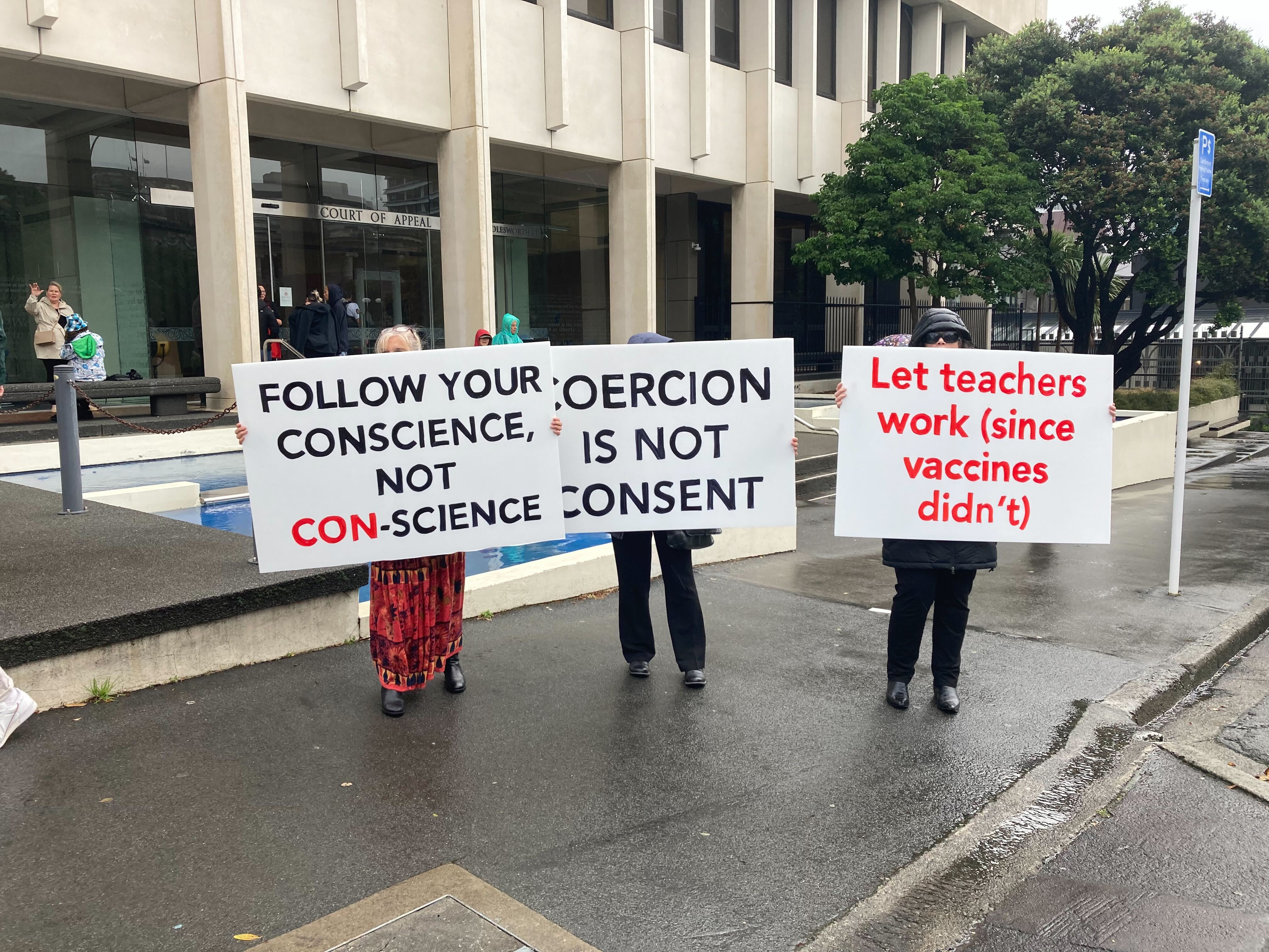 Supporters of New Zealand Teachers Speak out on Science gathered outside the Court of Appeal in Wellington today. Photo / Hazel Osborne
