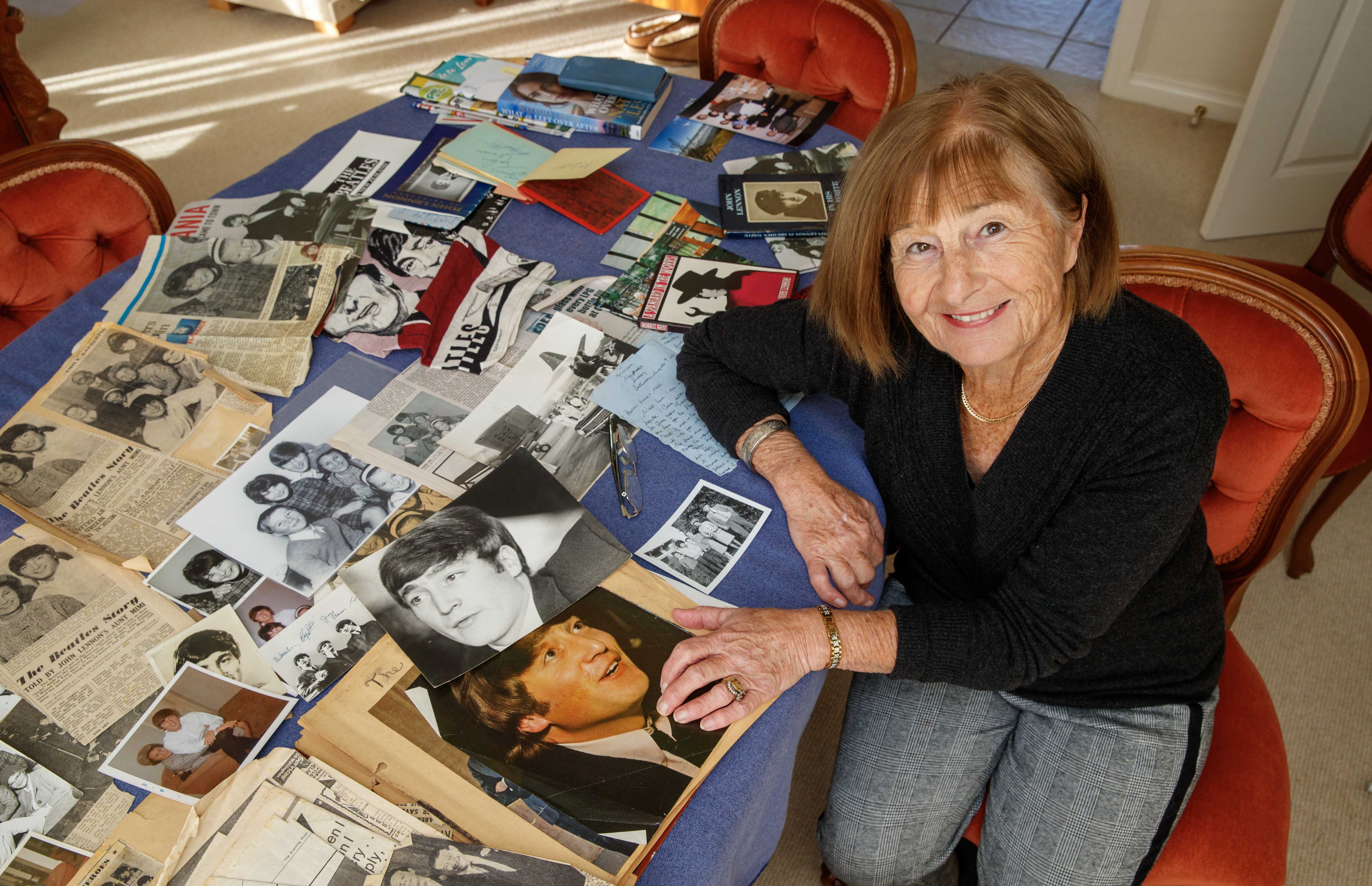 John Lennon’s cousin Sue Snaddon, with memorabilia of the famous member of The Beatles at her Raumati home. Photo / Mark Mitchell