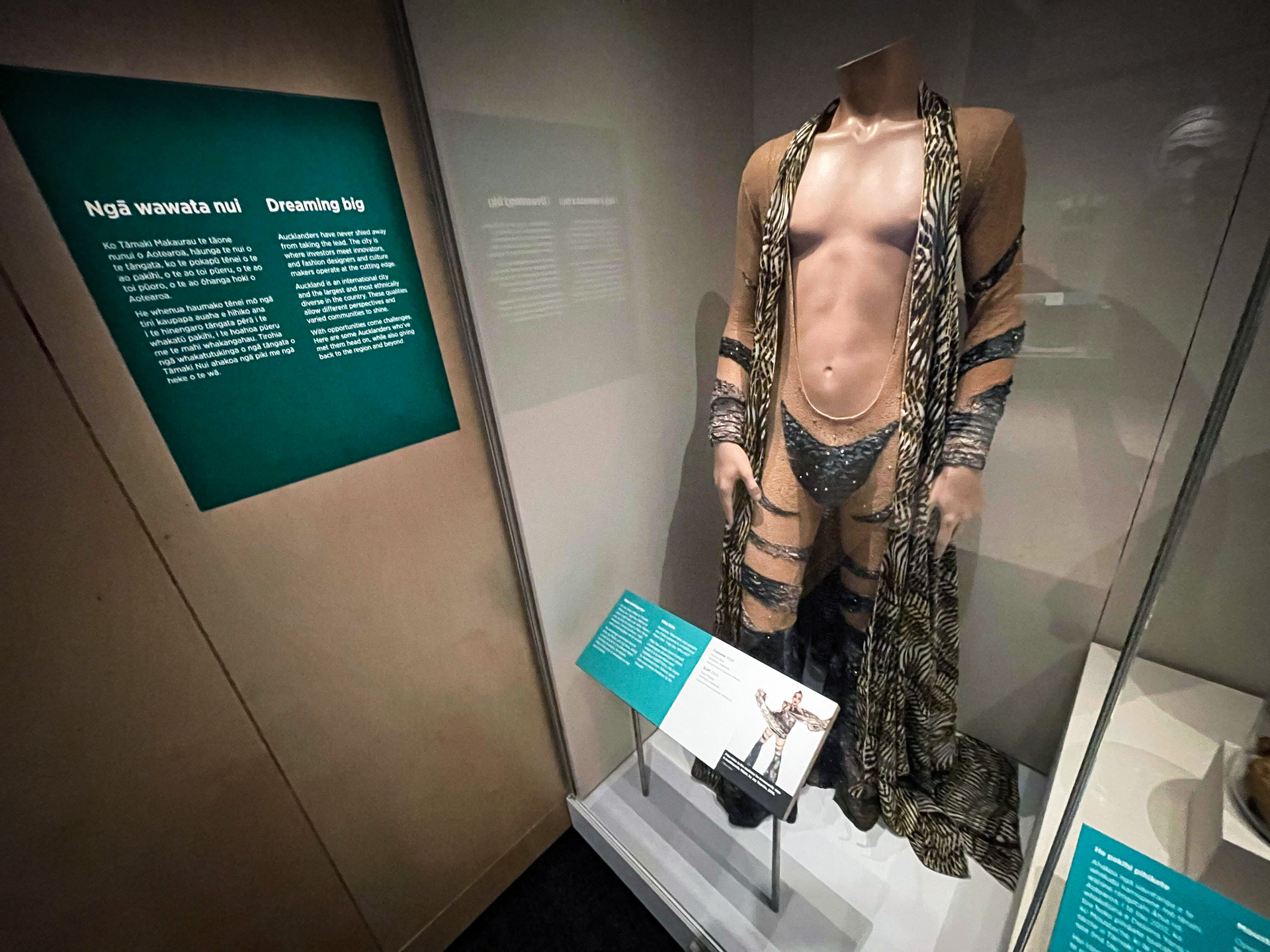 The costume of performer Mika Haka on display as part of the Tāmaki Herenga Waka: Stories of Auckland exhibition at the Auckland War Memorial Museum. Photo / Jason Oxenham