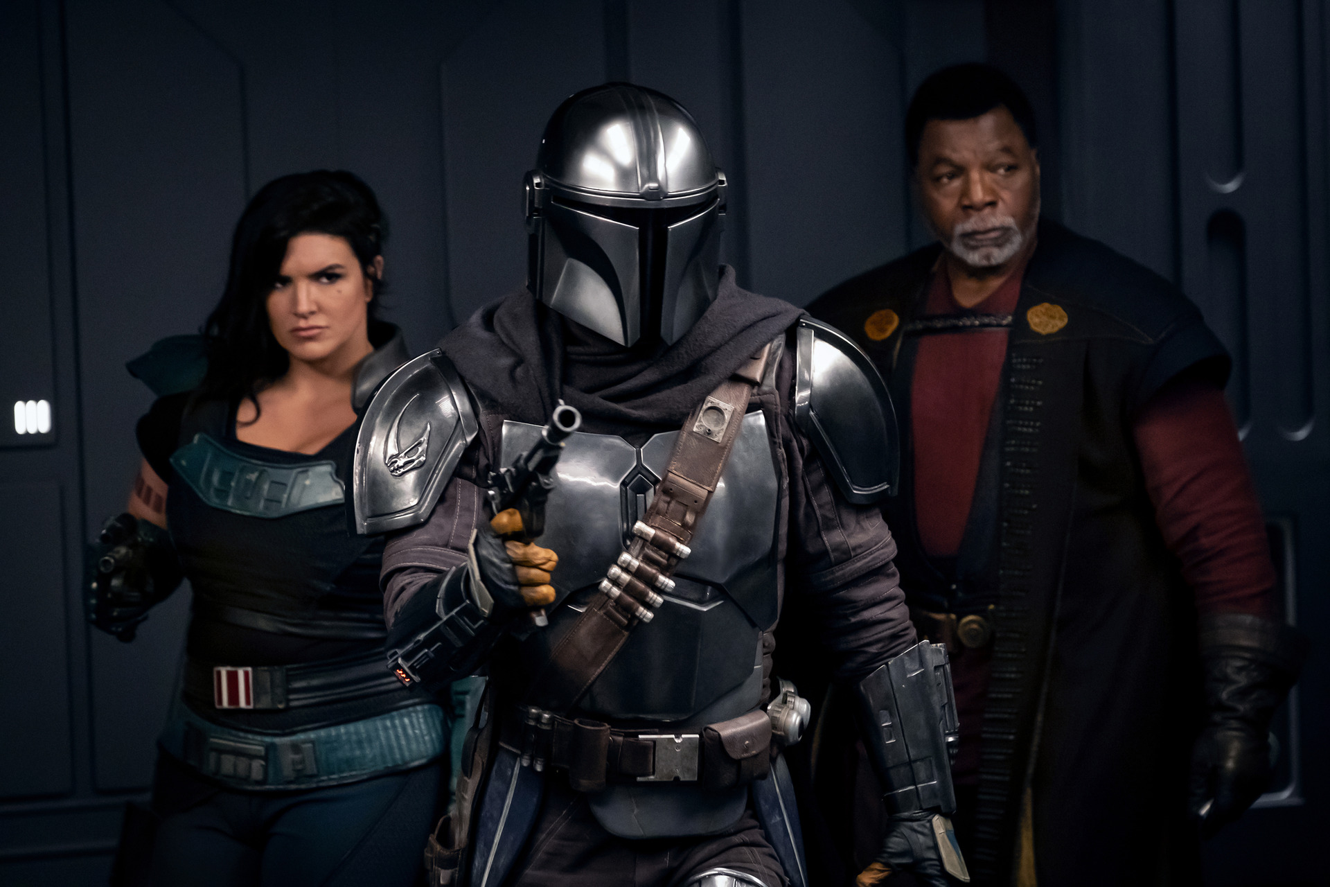 Carl Weathers (right) as Greef Karga in The Mandalorian, with co-stars Gina Carano (left) as Cara Dune and Pedro Pascal as the Mandalorian. Photo / Supplied
