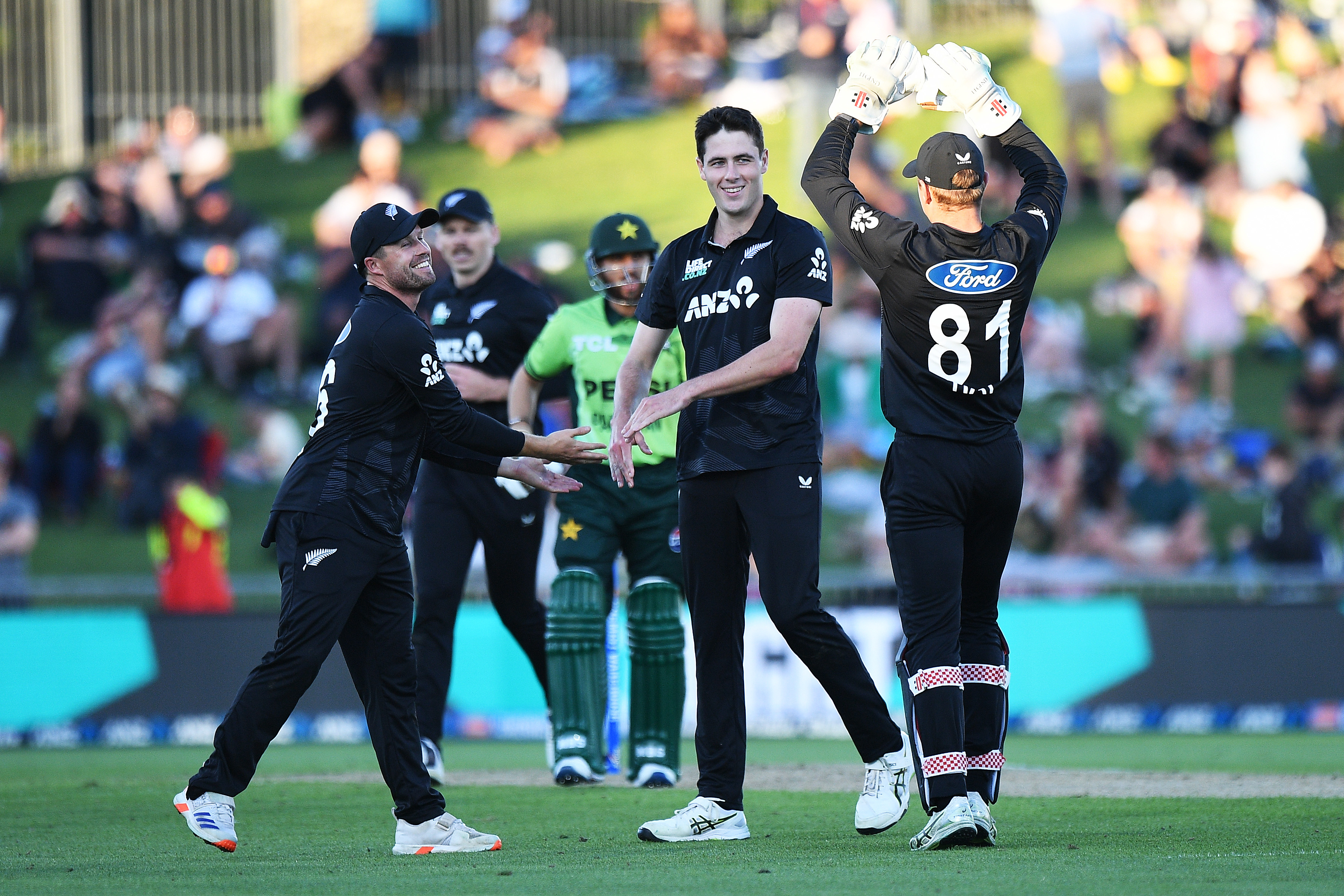 Will O'Rourke celebrates the wicket of Babar Azam during the first ODI against Pakistan. Photo / Photosport