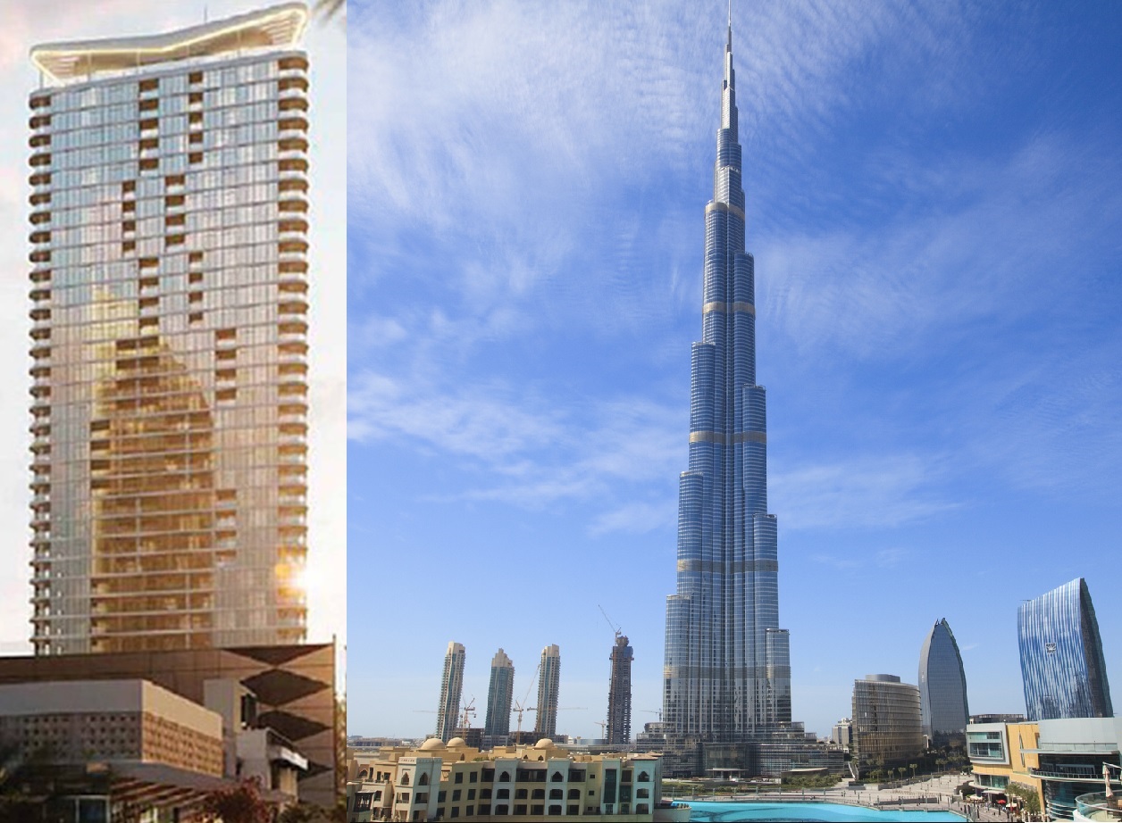 Not to scale, but one local compared the Gasometer building to Dubai's Burj Khalifa. The Middle Eastern tower is at least 828m high, more than five times higher than the Takapuna tower's projected 152.6m height. Main photo / Getty Images