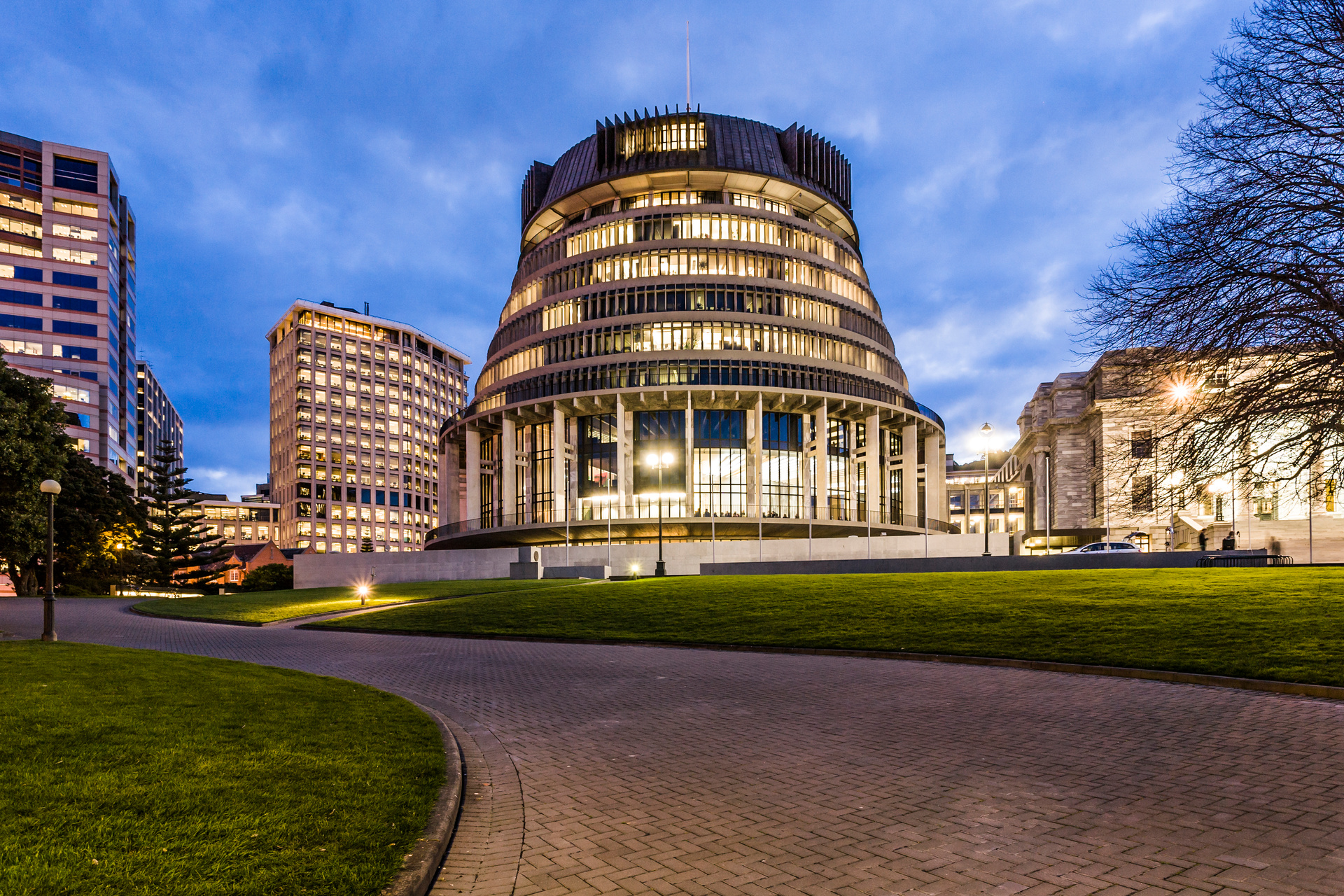 The Beehive, New Zealand's Parliament building, at twilight. Photo / 123rf