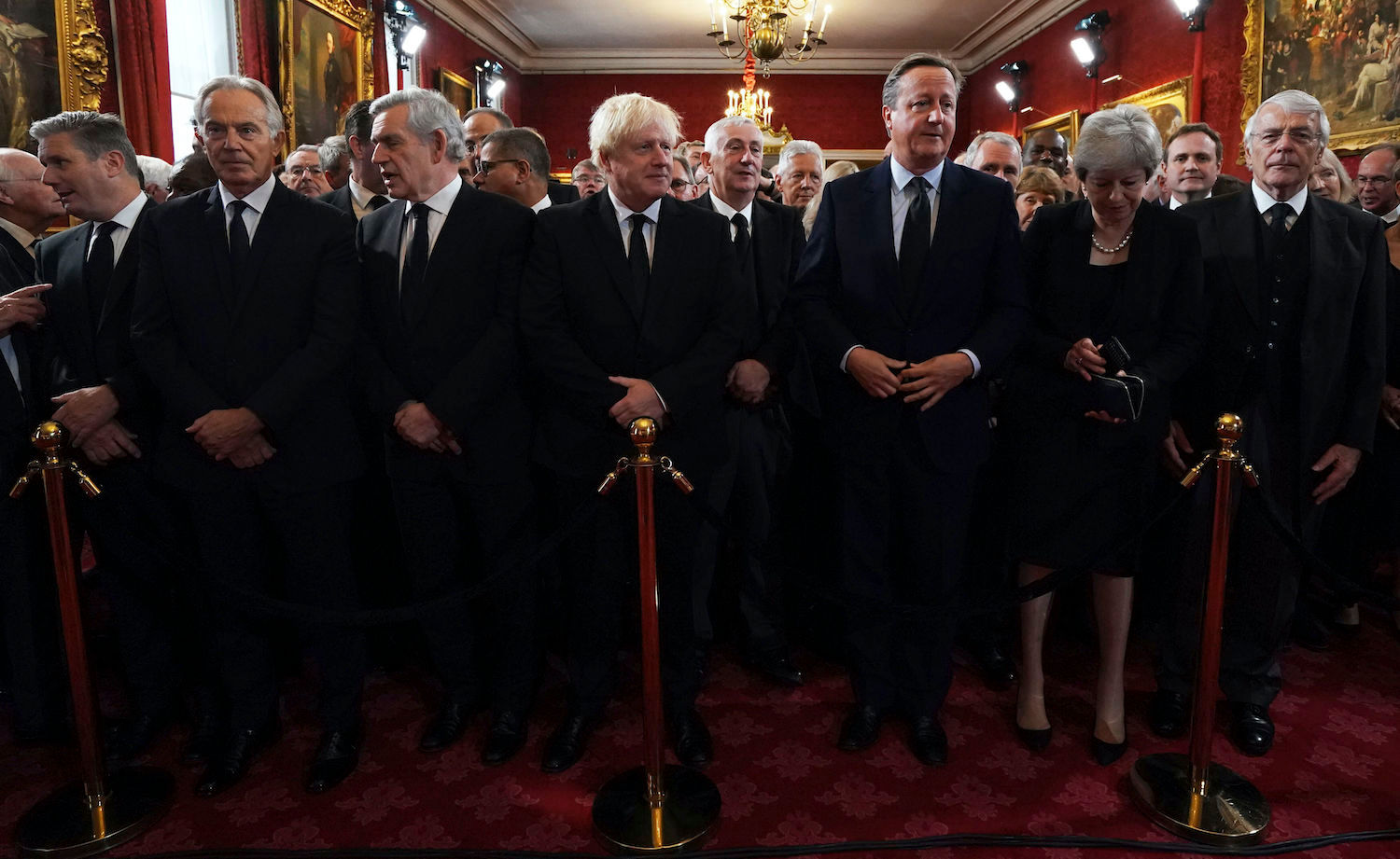 From left, Labour leader Sir Keir Starmer, former prime ministers Tony Blair, Gordon Brown, Boris Johnson, David Cameron, Theresa May and John Major. Photo / AP