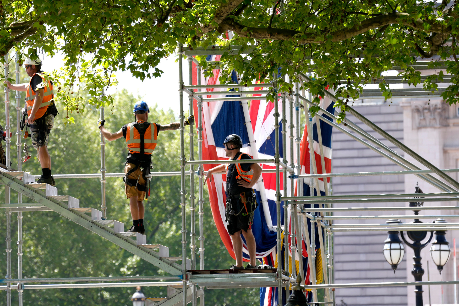 Building work in preparation for Platinum Jubilee celebrations, due to take place in front of Buckingham Palace on June 2-5. Photo / Kirsty Wigglesworth, AP