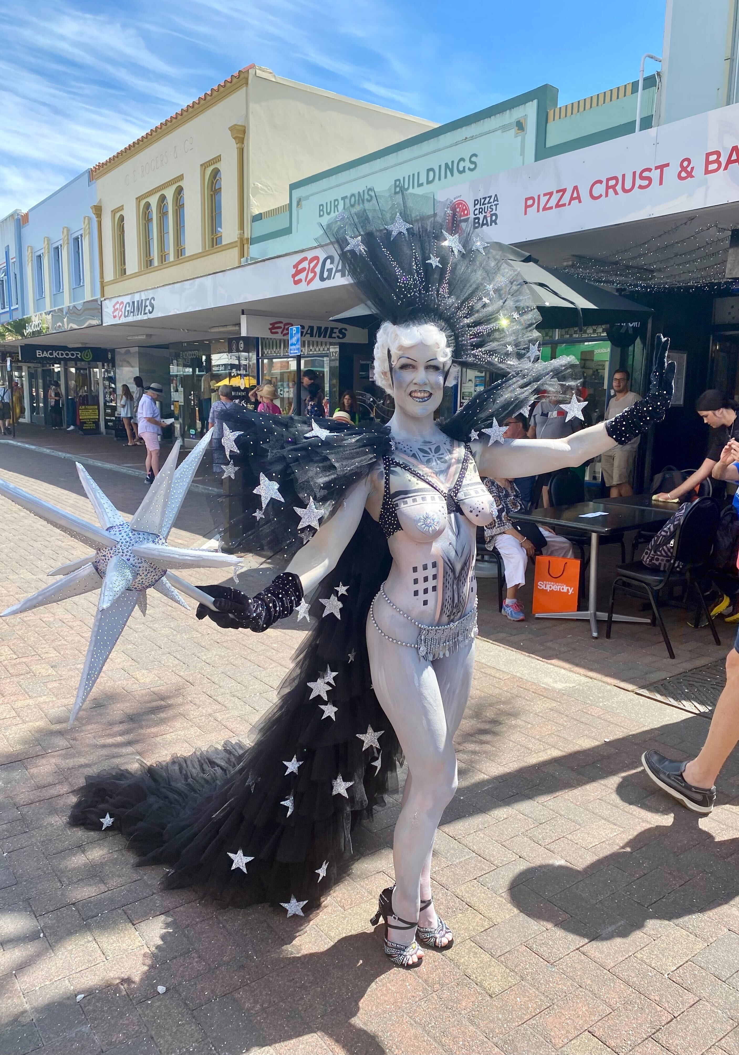 Burlesque performer Cherry Boomb shows off her Art Deco-inspired look on Napier's Emerson St. Photo / Caron Copek