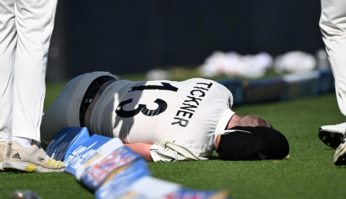 Blair Tickner lies injured on the first day of the second test between the Black Caps and West Indies. Photo / Photosport