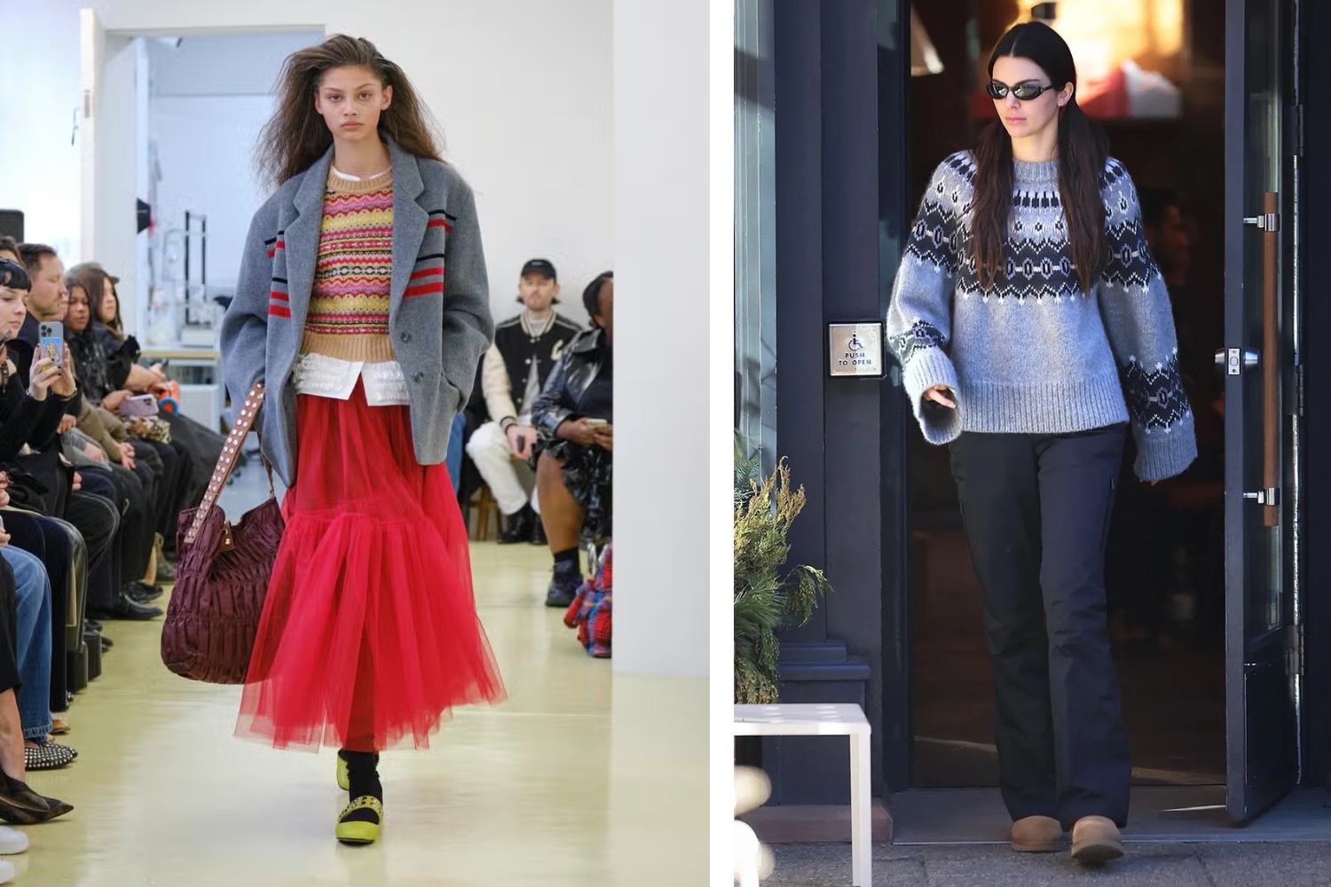 Left: Molly Goddard's mix of heritage Fair Isle knitwear with her signature tulle dresses. Right: Kendall Jenner wearing a Khaite Fair Isle cashmere jumper in Aspen last December. Photos / Getty Images