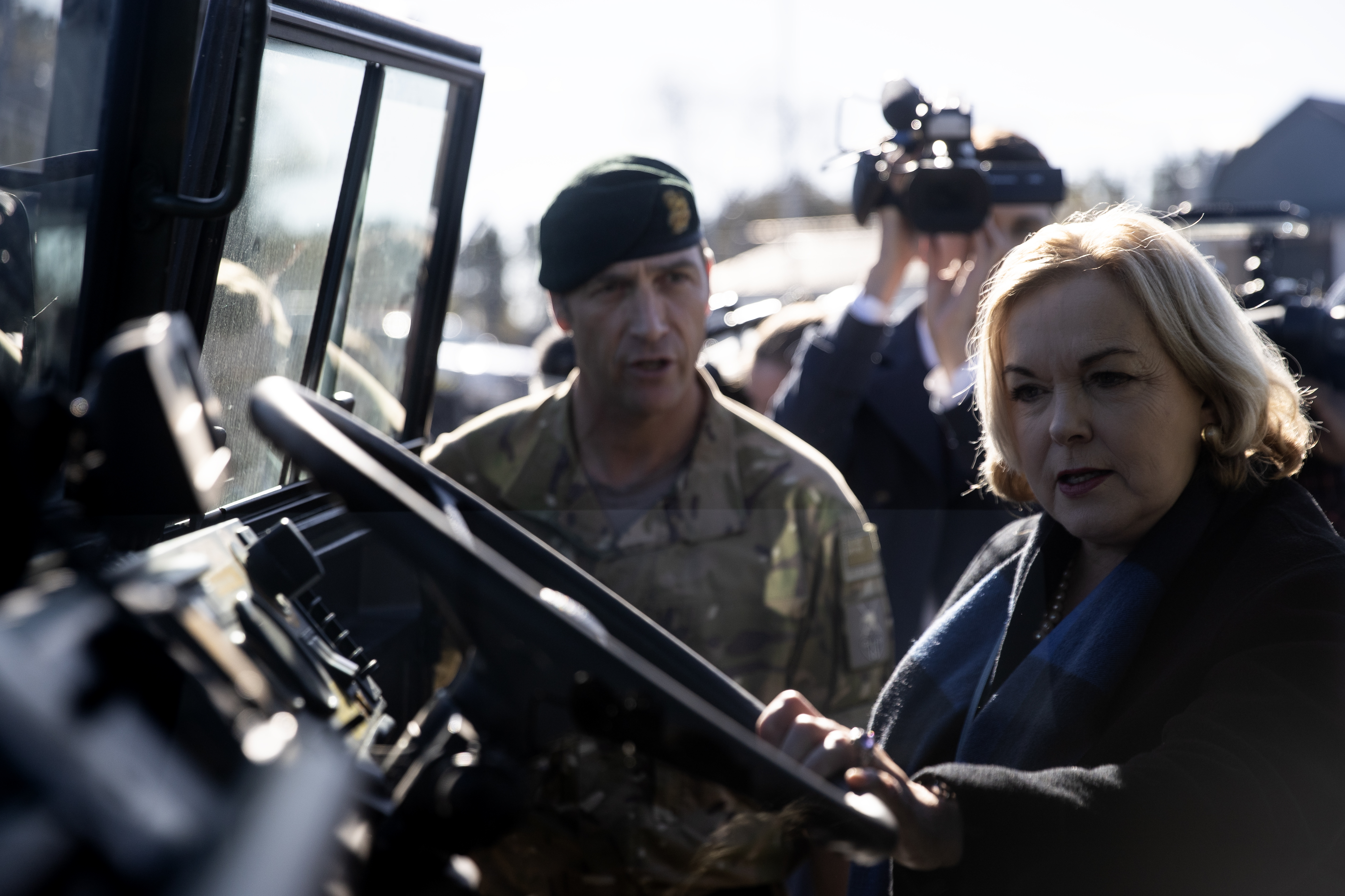 Defence Minister Judith Collins checks out an NZDF vehicle at Burnham Military Camp in Christchurch. Photo / George Heard