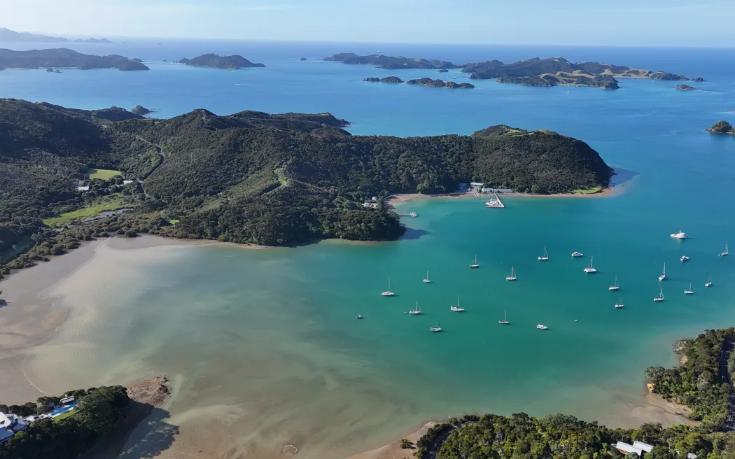 A low tide aerial shot of Waipiro Bay. Photo / RNZ