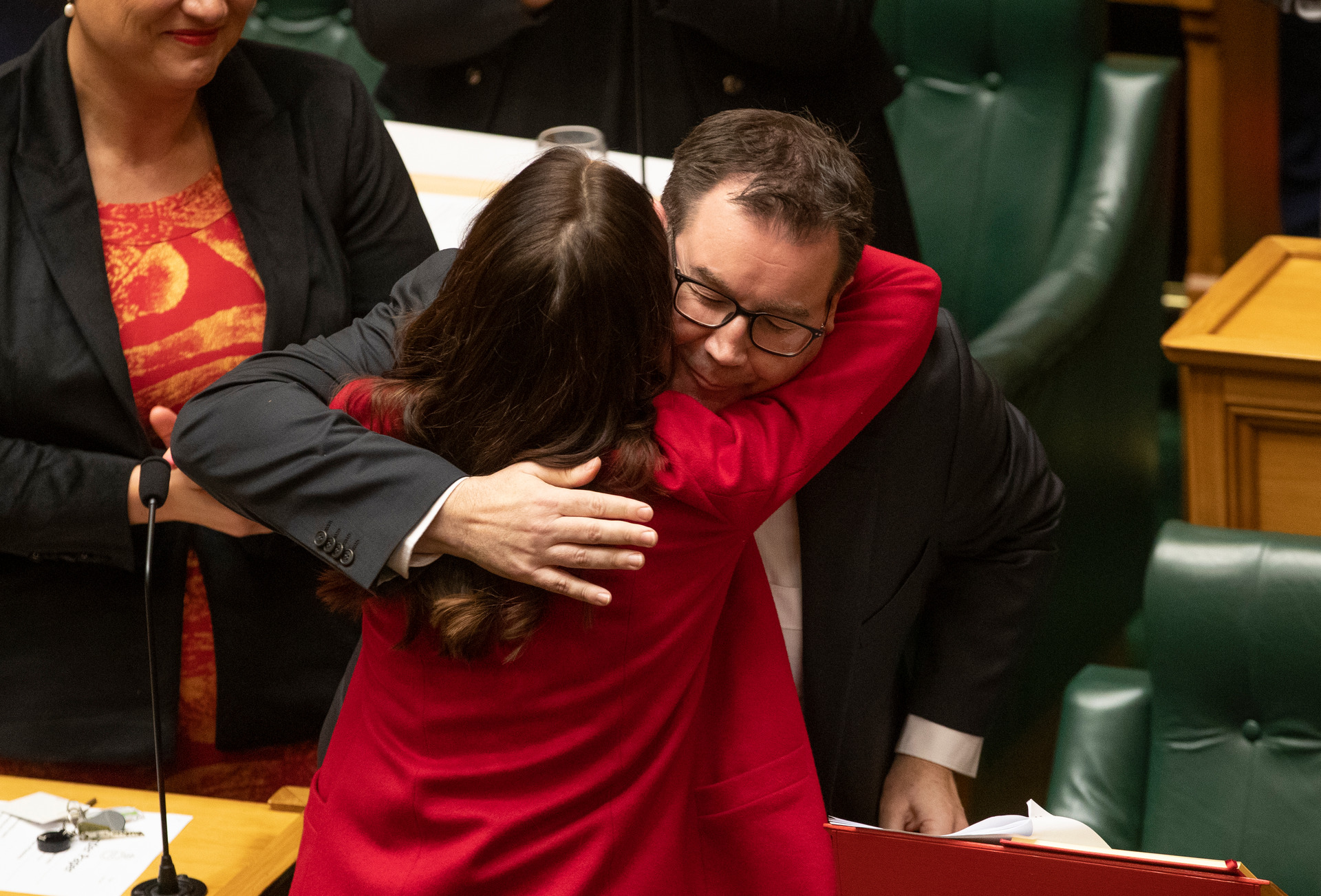 Finance Minister Grant Robertson receiving a hug from Prime Minister Jacinda Ardern after reading his Wellbeing Budget in May 2019. Photo / Mark Mitchell