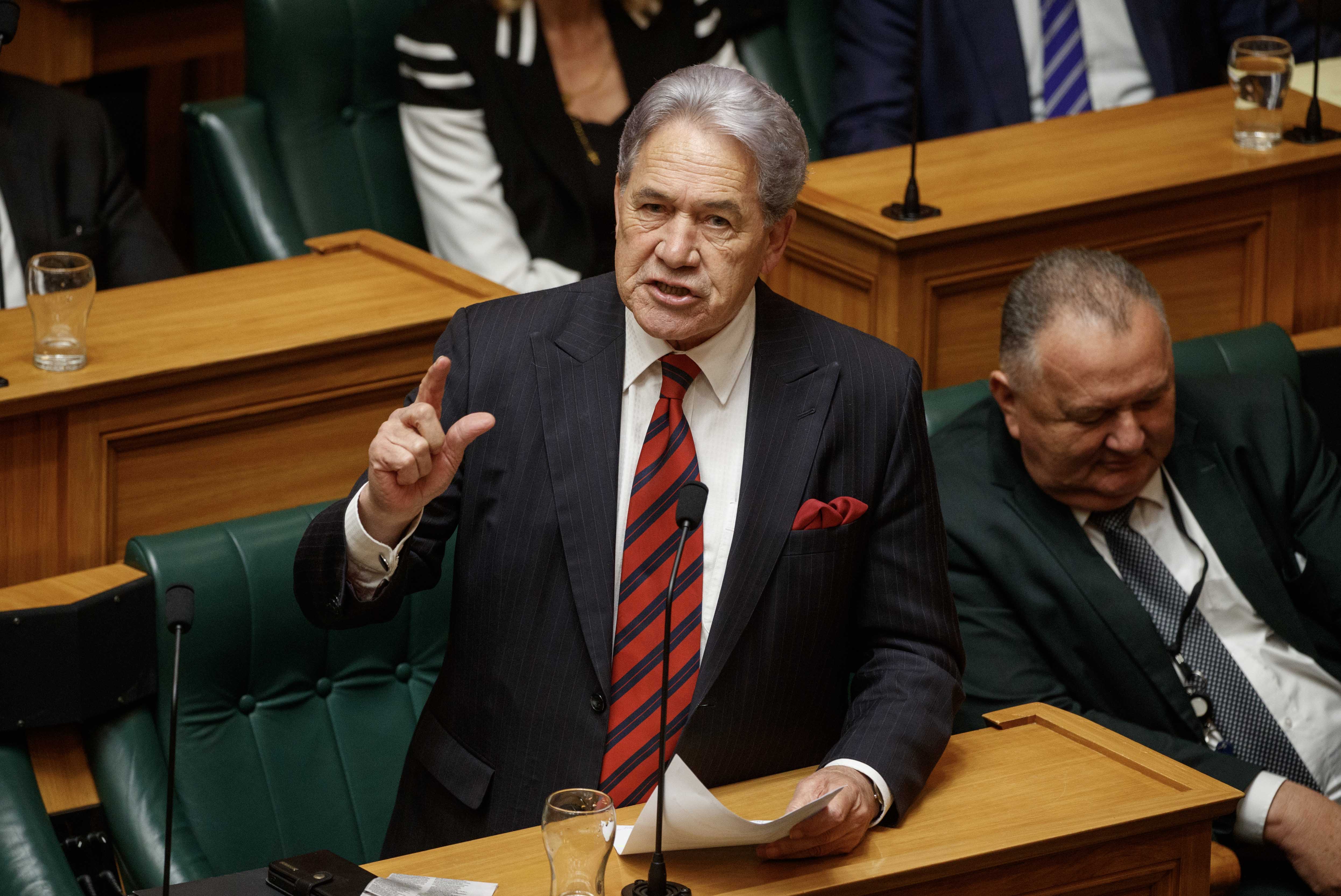 Deputy Prime Minister and NZ First leader Winston Peters (left) attacking Te Pāti Māori during the general debate in Parliament. Shane Jones is (right). Photo / Mark Mitchell