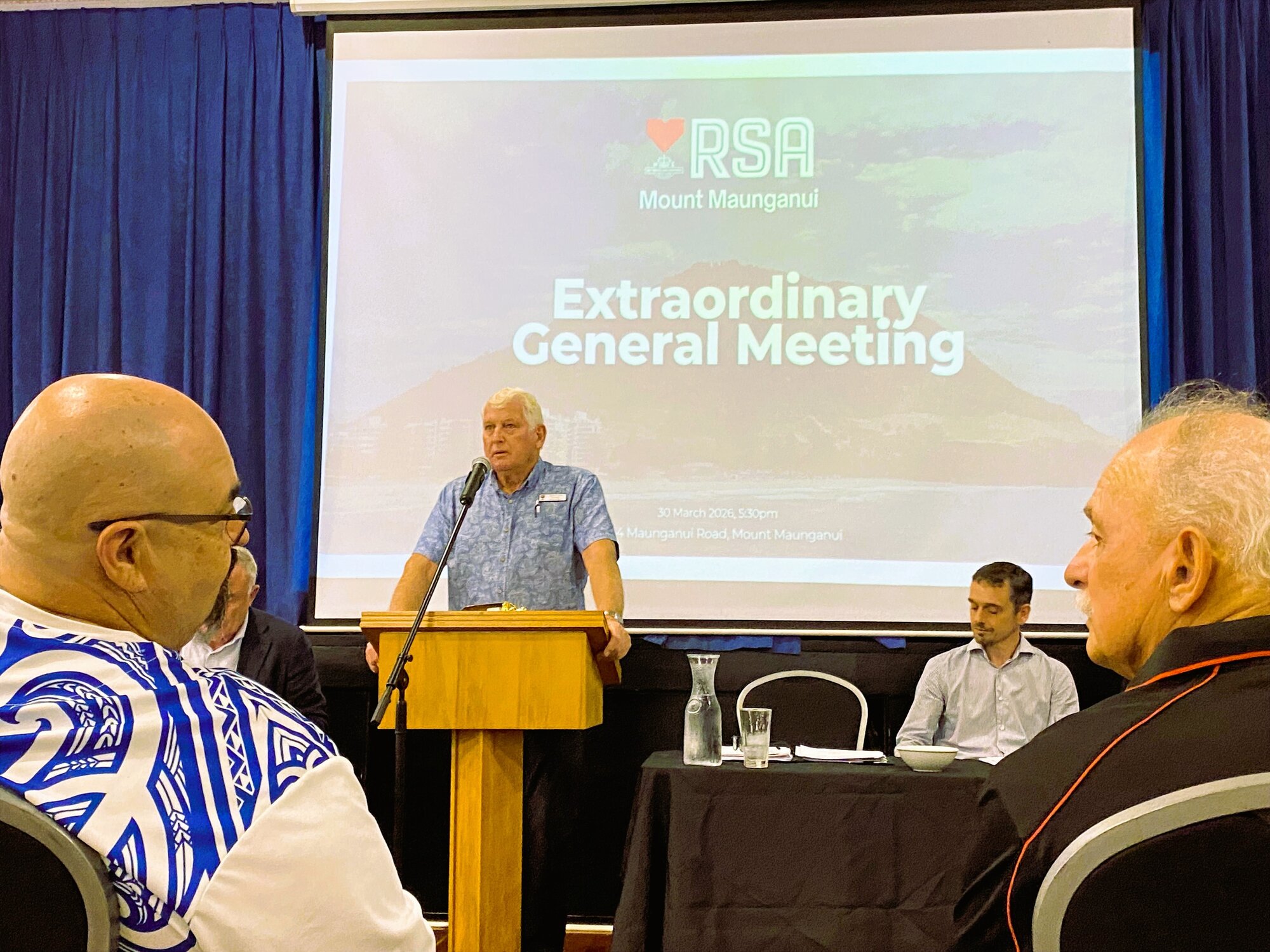 Mount Maunganui RSA president Dave Corin speaking at the EGM on March 30.  Photo / Rosalie Liddle Crawford